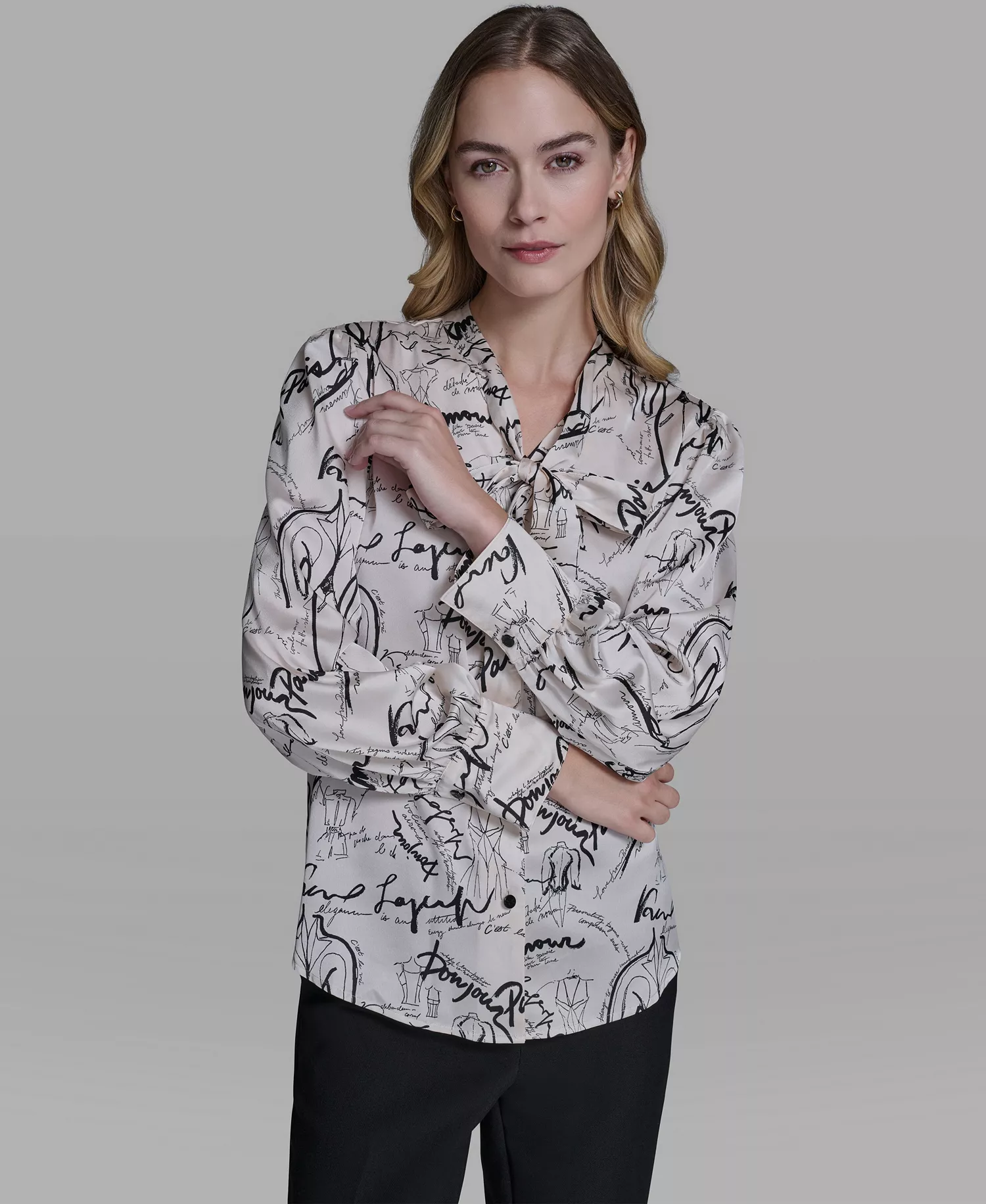 Women's Printed Tie-Neck Long-Sleeve Top - Bisque/Black - L