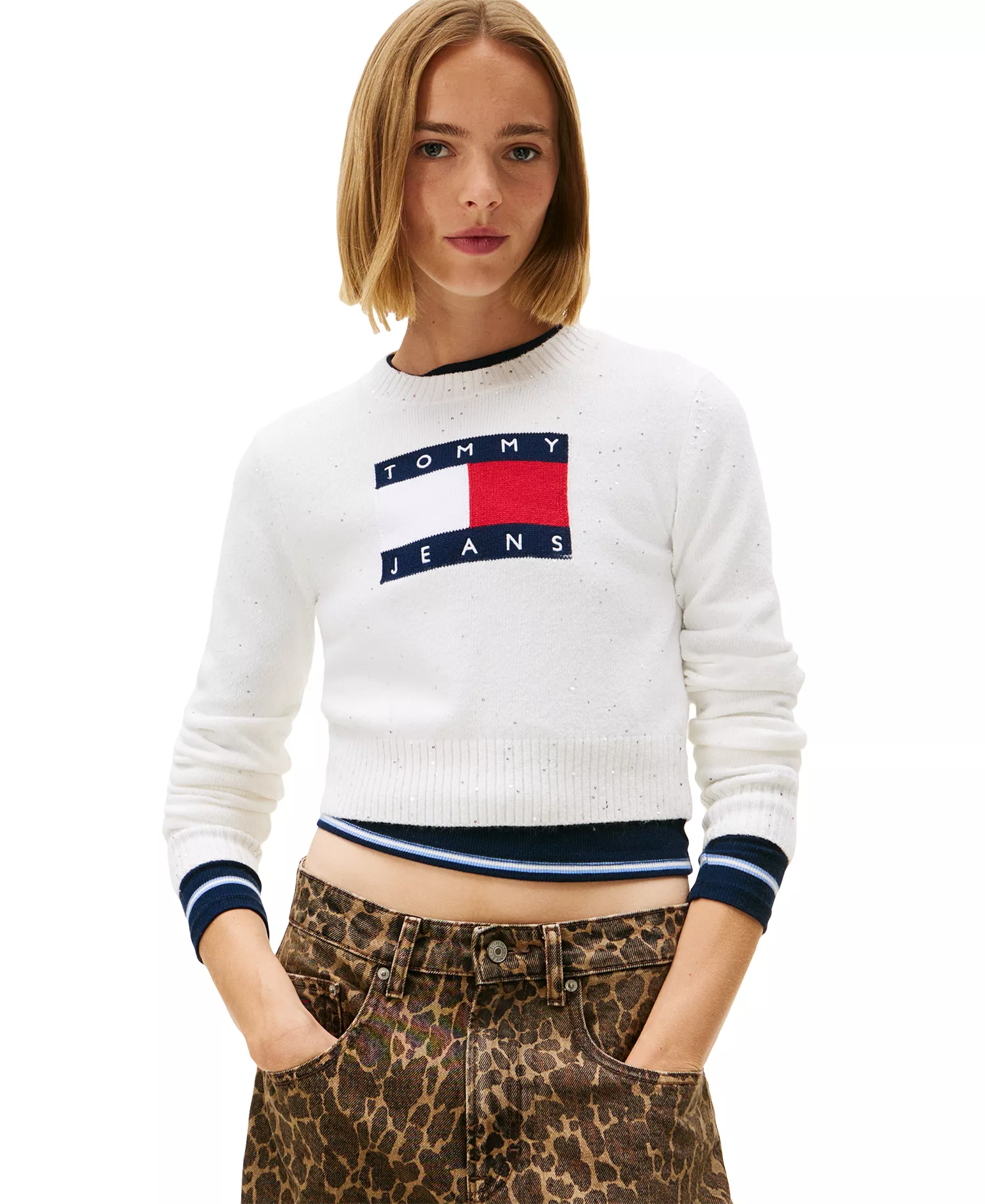 Women's Sparkle Flag Logo Sweater - Ancient White - L