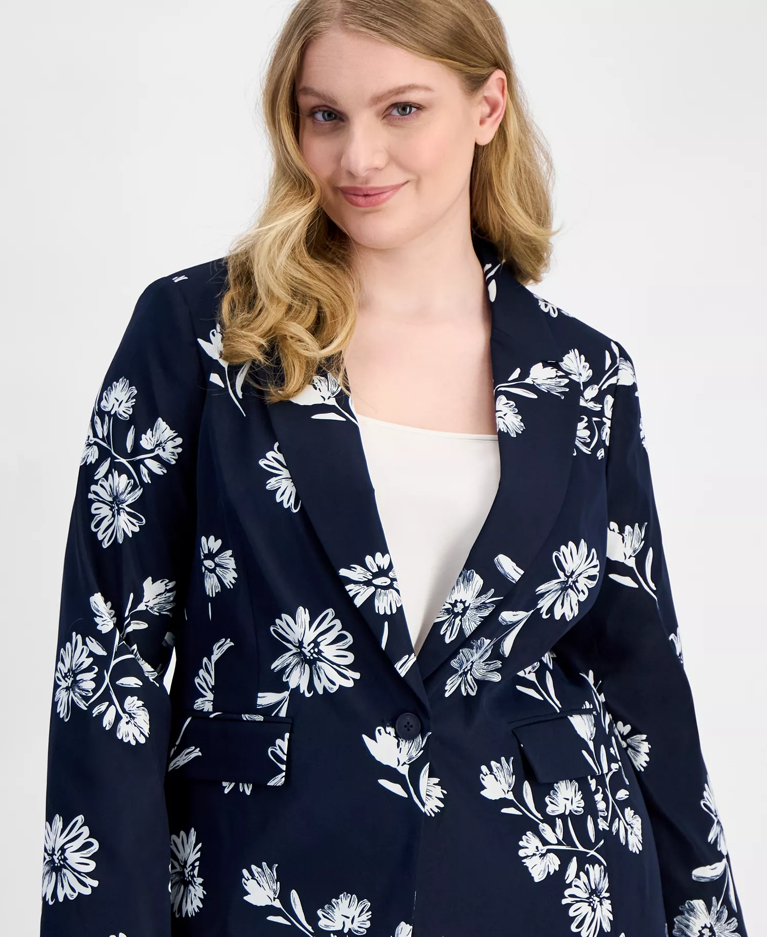 Plus Size Printed Notch-Lapel Blazer  - Navy Ivory - 14W