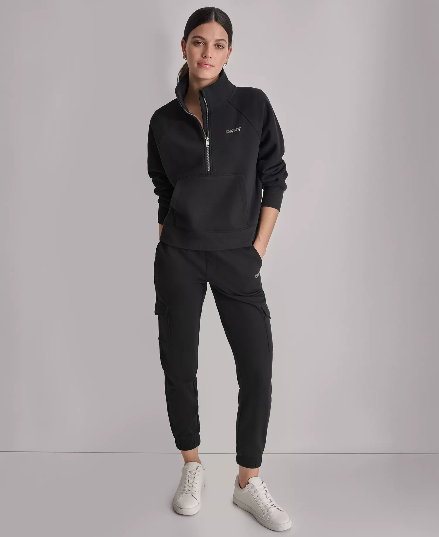 DKNY Women's Studded-Logo Half-Zip Sweatshirt - Black - L
