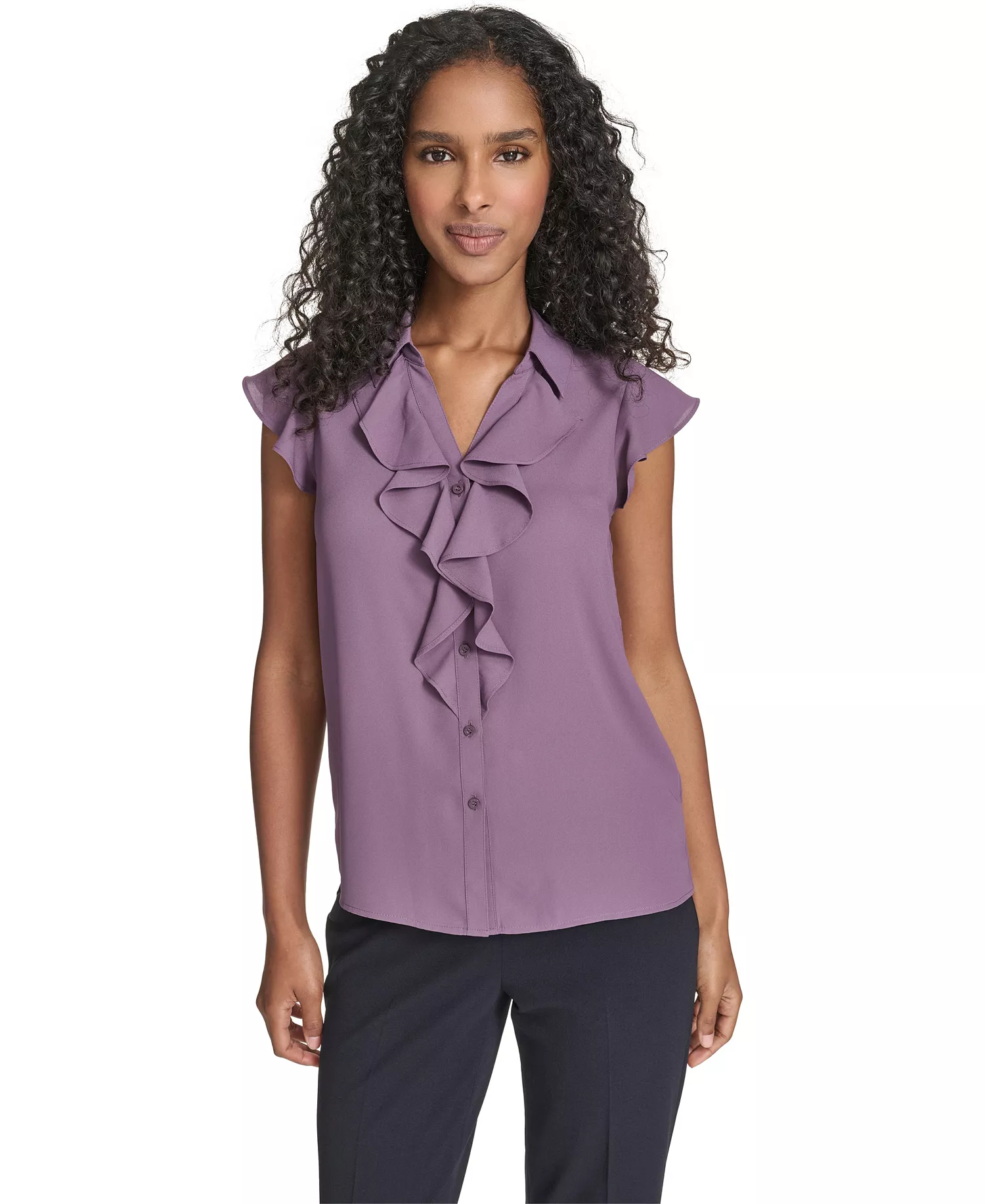 Petite Solid Cap Sleeve Ruffle Front Top - Winter Plum - P/XS