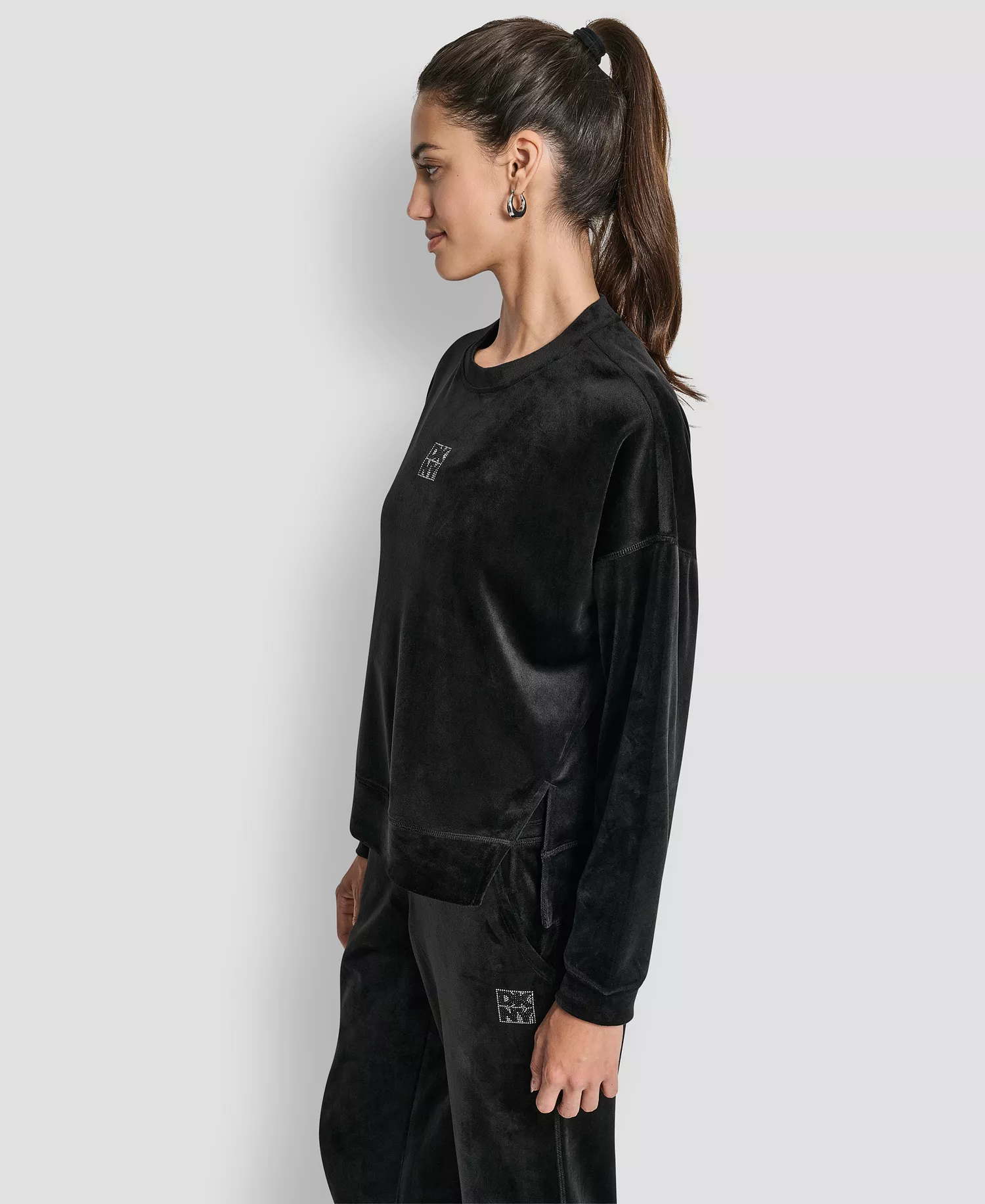 Women's Super Soft Velour Rhinestone Stacked Logo Crewneck Pullover Top - Black - L