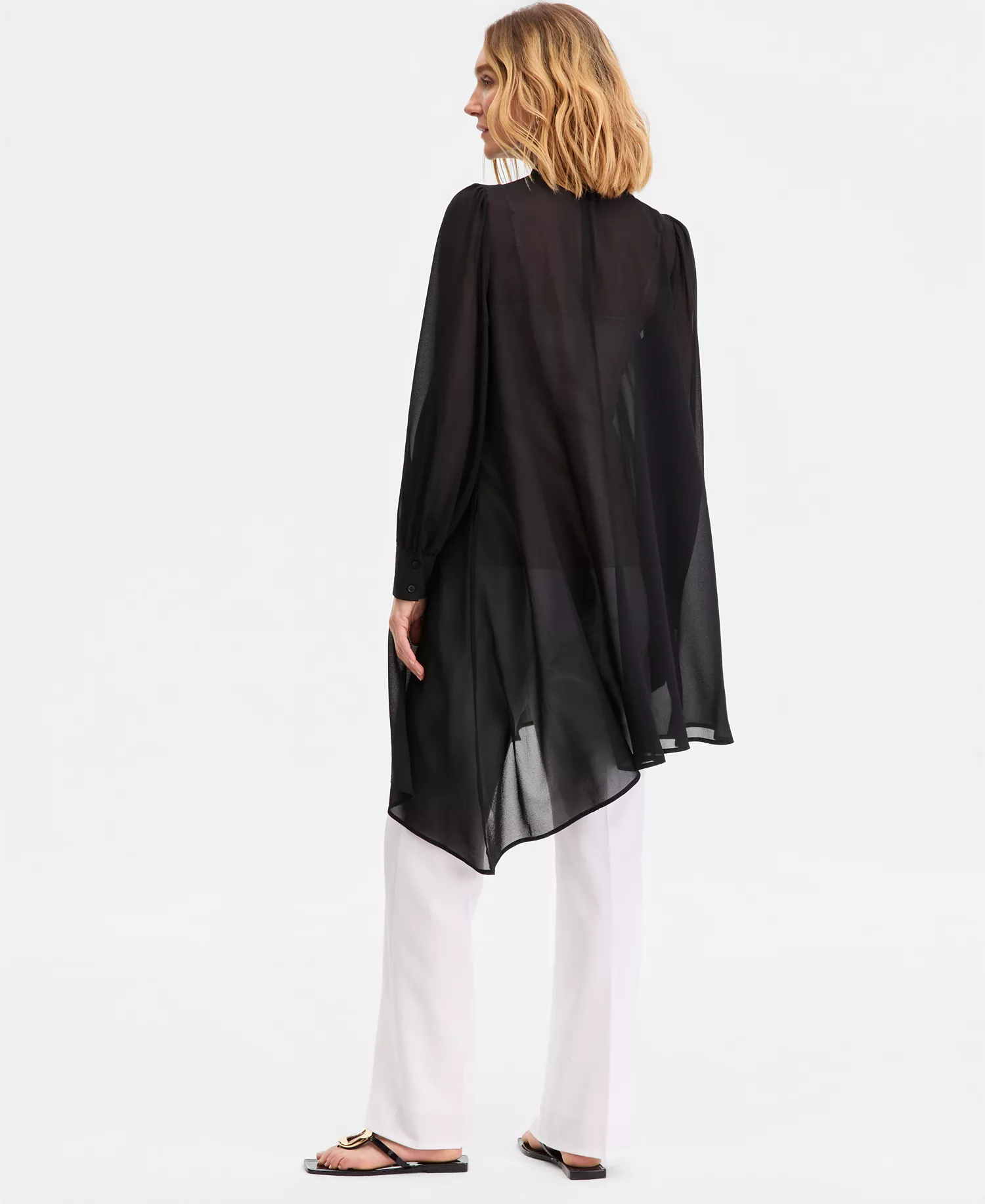 Women's Long Sleeve Bow-Neck Chiffon Tunic, Macy's Exclusive - Deep Black - L