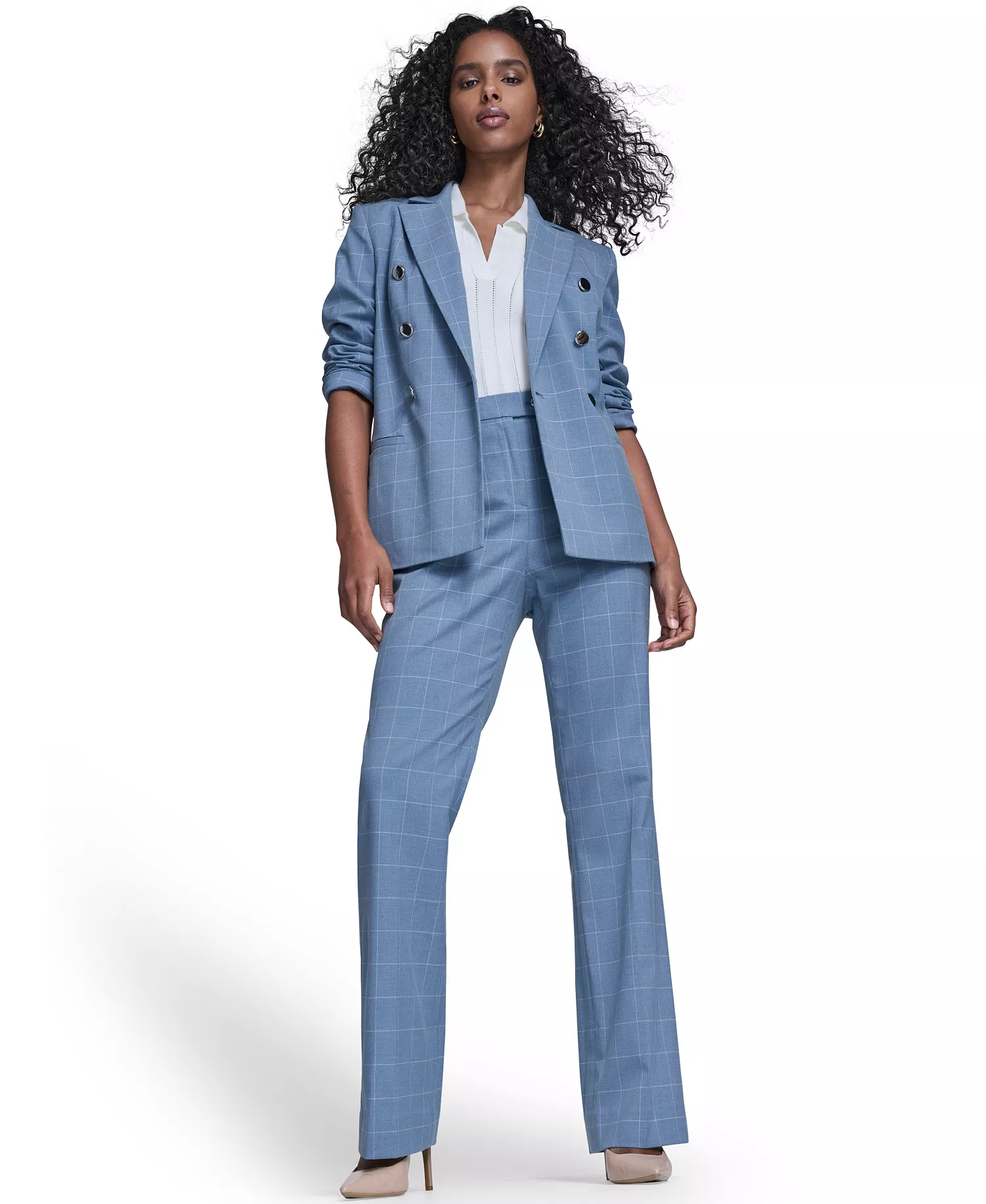 Women's Windowpane Double Breast Jacket, Sleeveless Collared Sweater, and Windowpane Modern Fit Pants - Light Flint/cream - 10