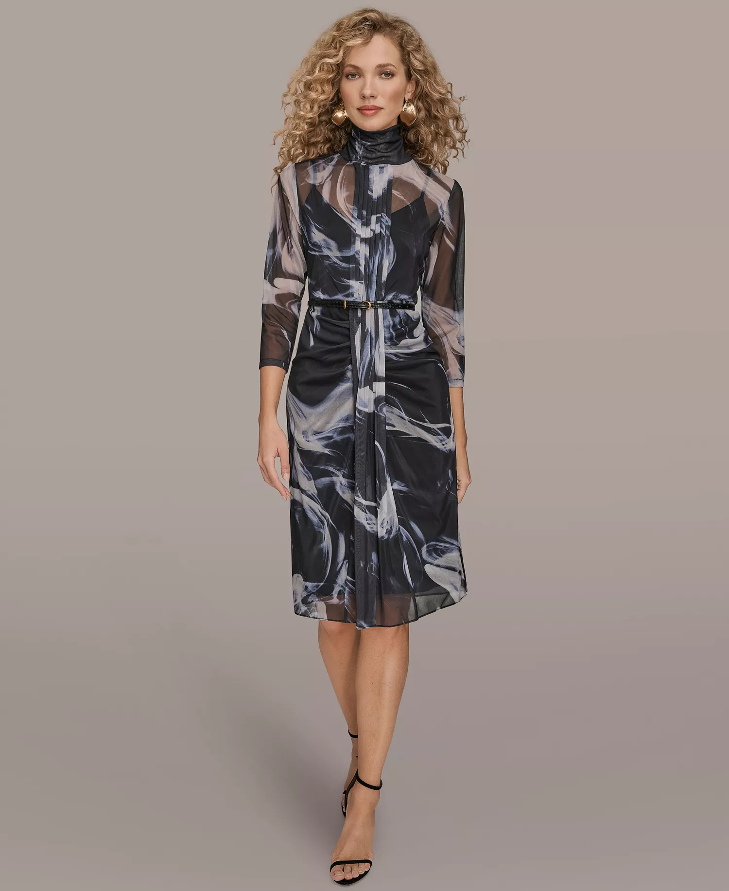 Women's Printed 3/4-Sleeve Gathered Overlay Front Dress - Black/vapor Multi - L