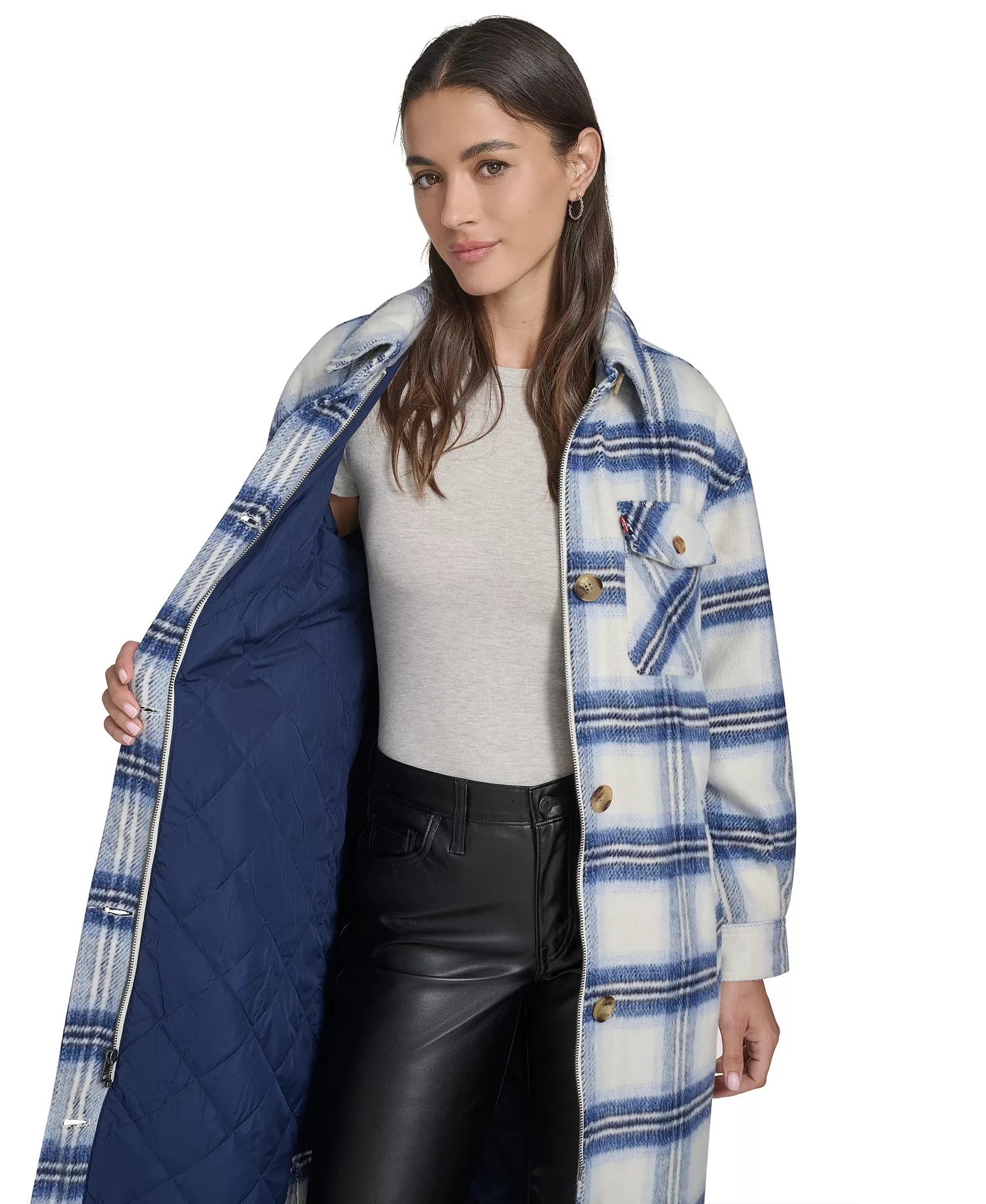 Women's Regular Long Wool Blend Plaid Coat - Blue/Cream - L