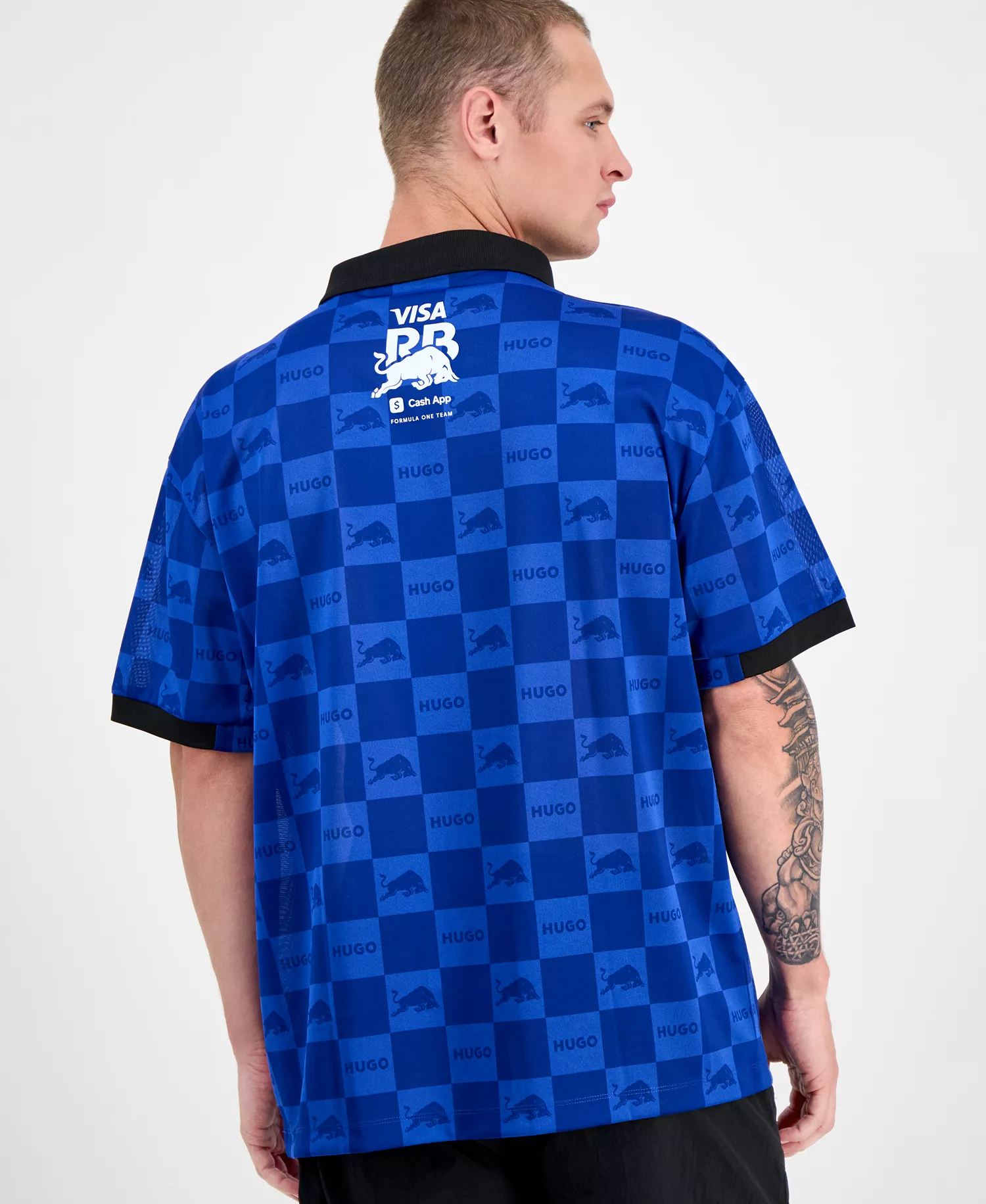 Men's Fanwear Oversized Short Sleeve Open-Collar Check Logo Graphic Polo Shirt - Med Blue - S