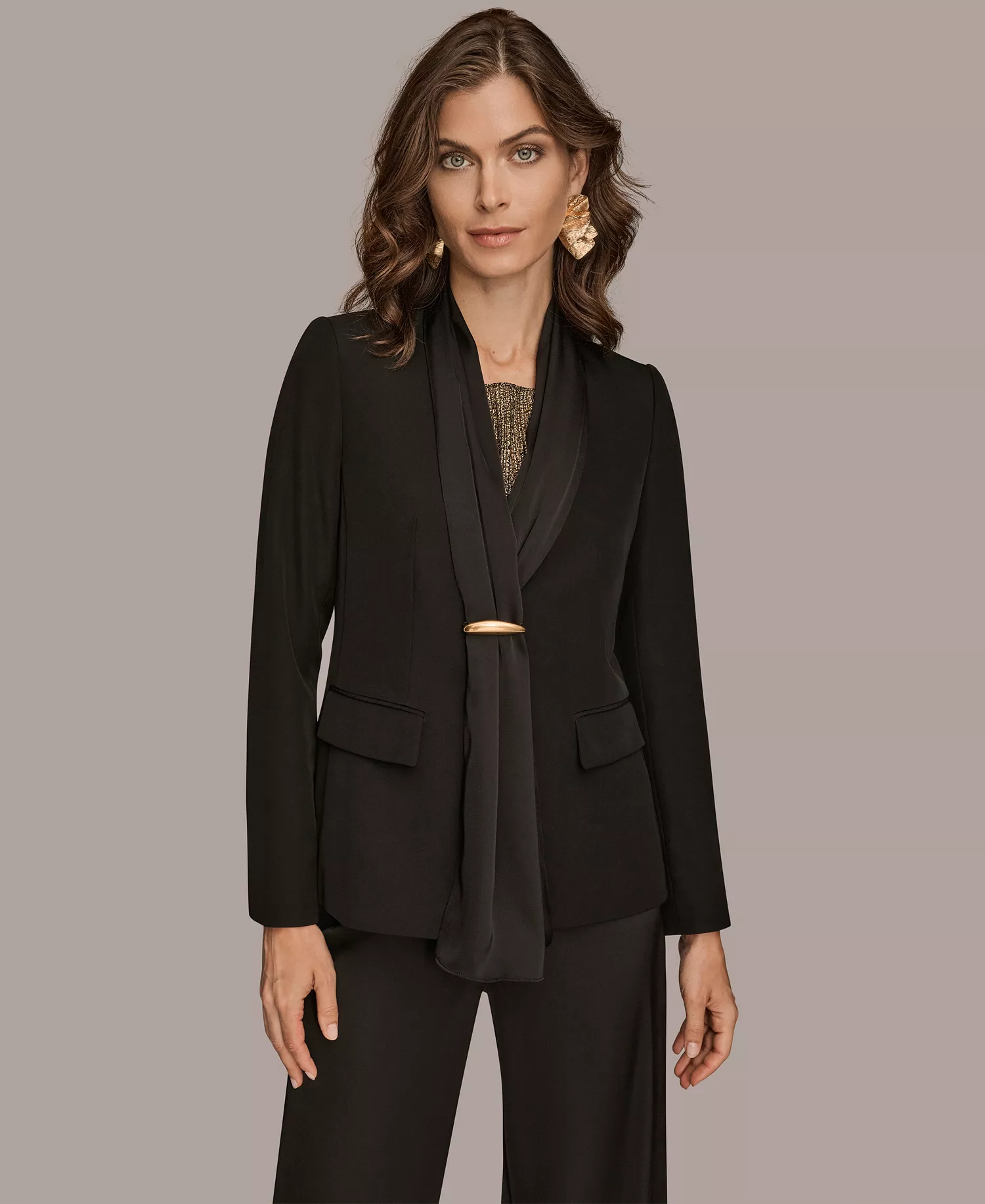 Women's Mixed Media Collarless Jacket, Regular & Petites - Black - 0