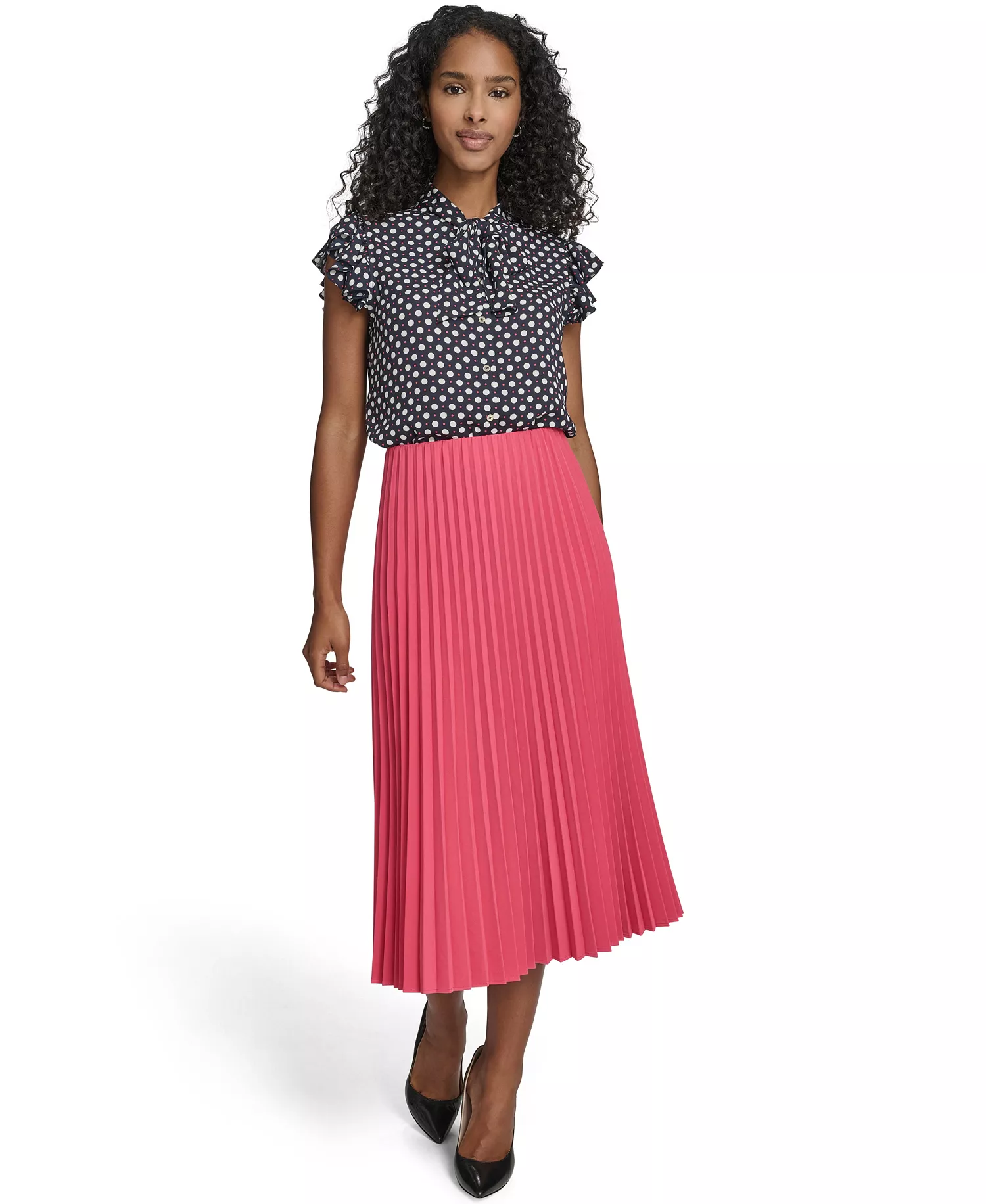 Women's Double Dot Tie Neck Top - Mdingiht/ Ivory/ Rethink Pink - L