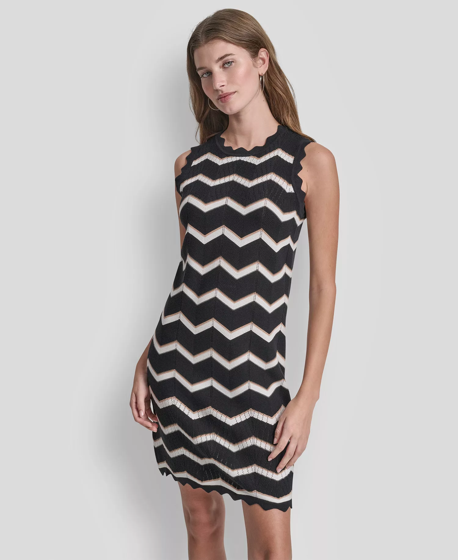 Women's Sleeveless Crew Neck Stripe Short Dress - Black/ivory/teak - L