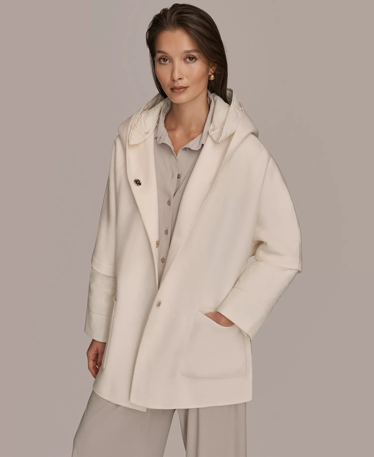Women's Double Face Wool Cape Coat with Detachable Hood - Cream - L
