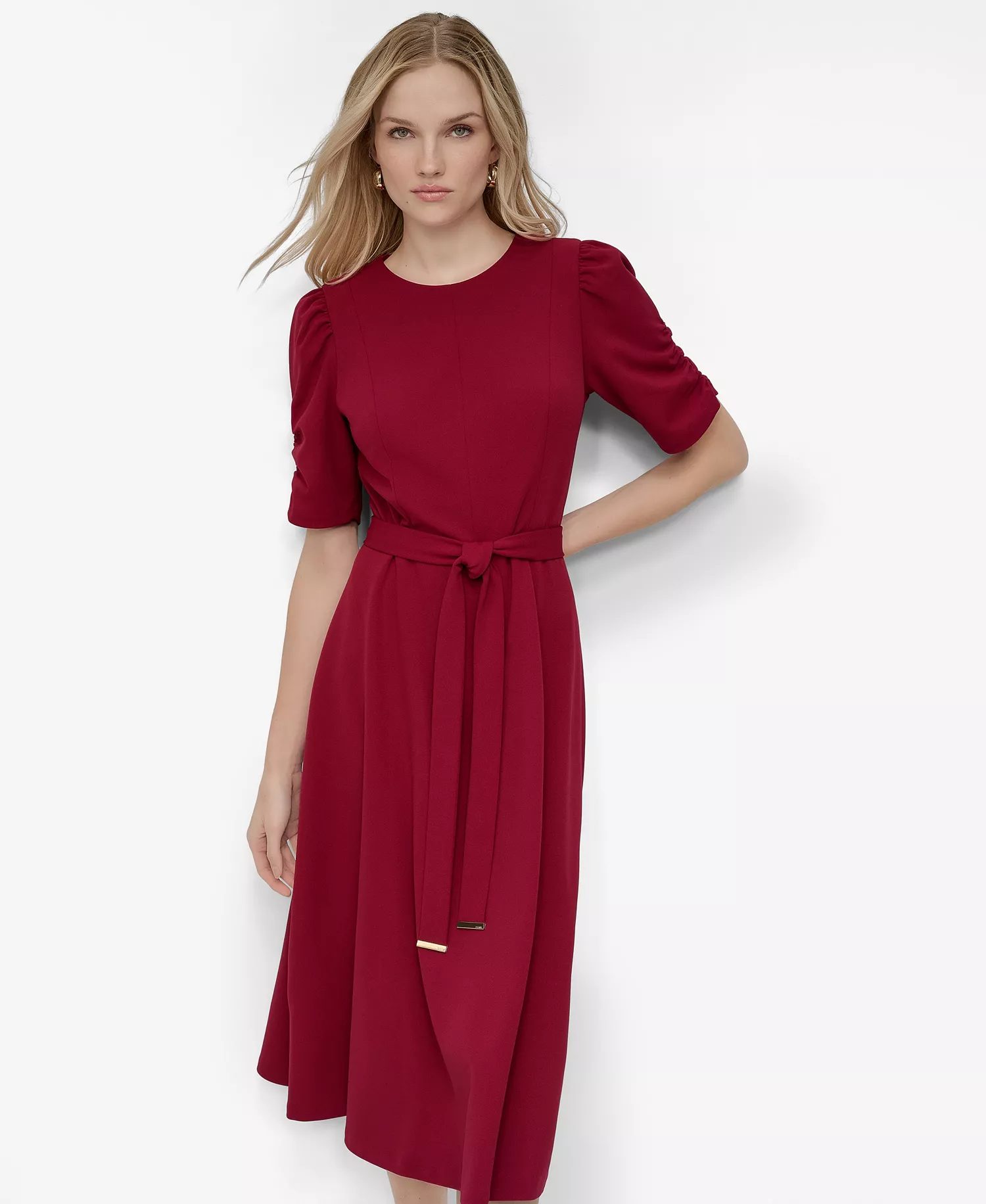 Women's Ruched-Sleeve Belted Fit and Flare Midi Dress - Beet - 10