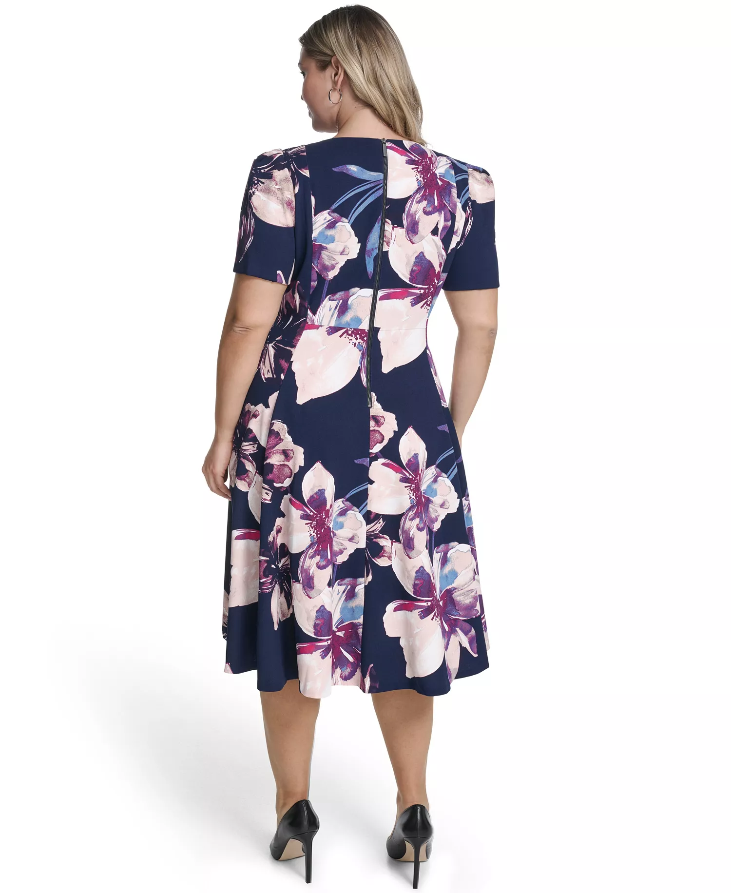 Plus Size Short-Sleeve Fit & Flare Midi Dress - Indigo Multi - 14W