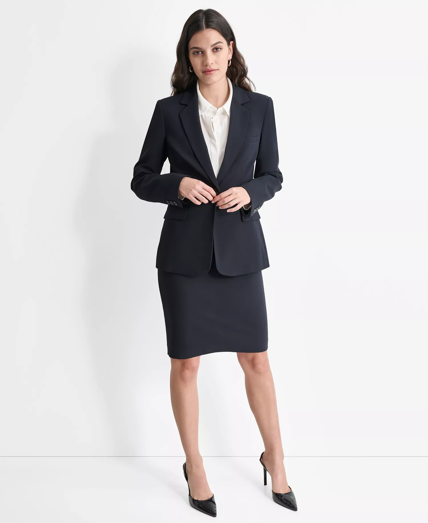 Women’s Single-Button-Front Long-Sleeve Jacket  - Navy - 10