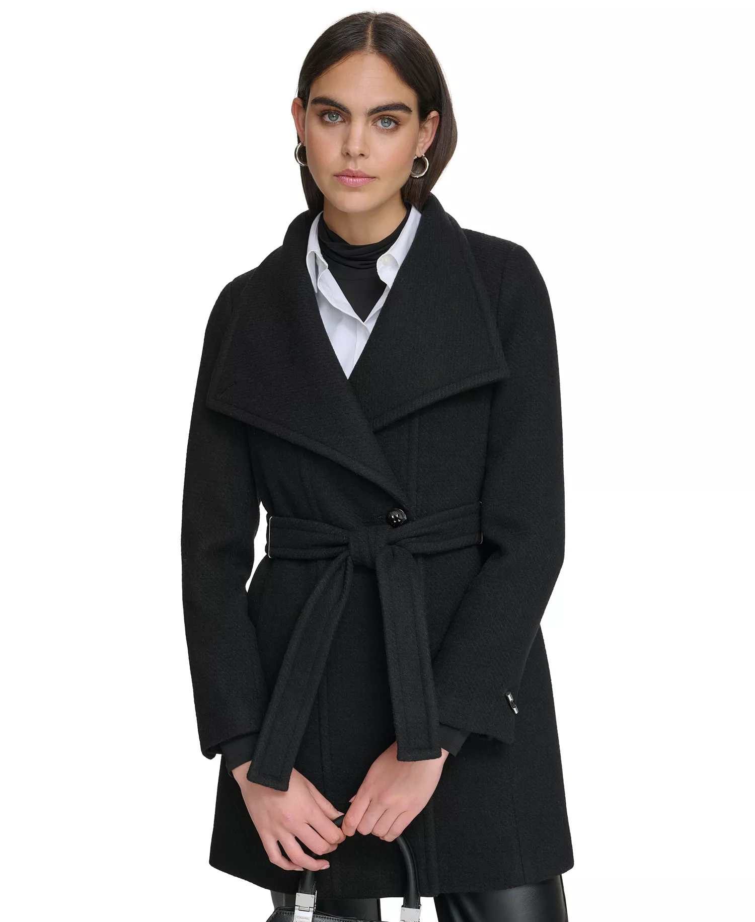 Women's Asymmetrical Belted Wrap Coat - Black Twill - L