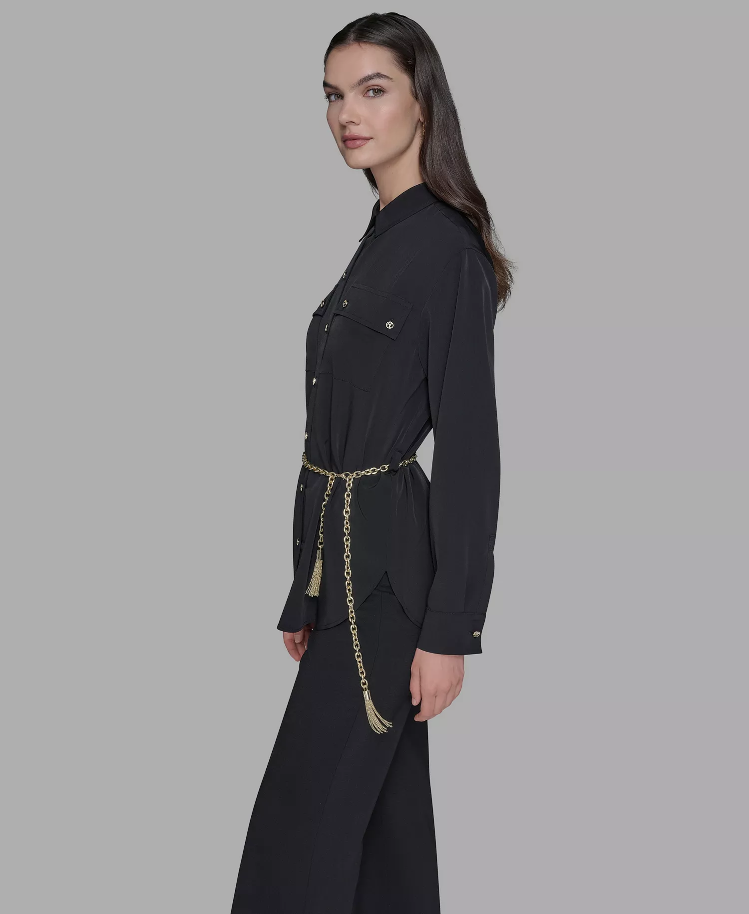 Women's Belted Chest-Pocket Top - Black - L