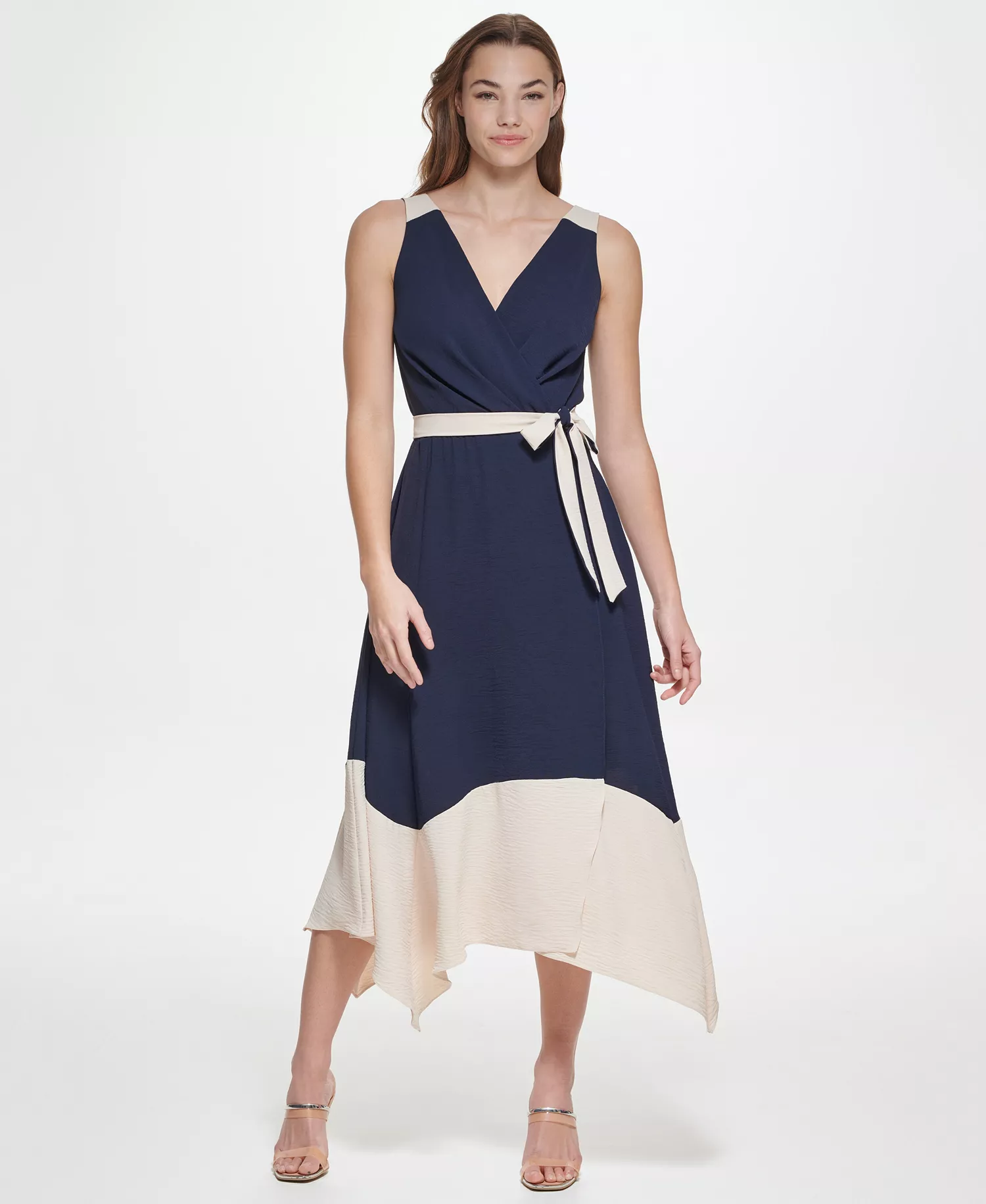 Women's Sleeveless Asymmetrical Midi Dress - Navy/Beige - 10