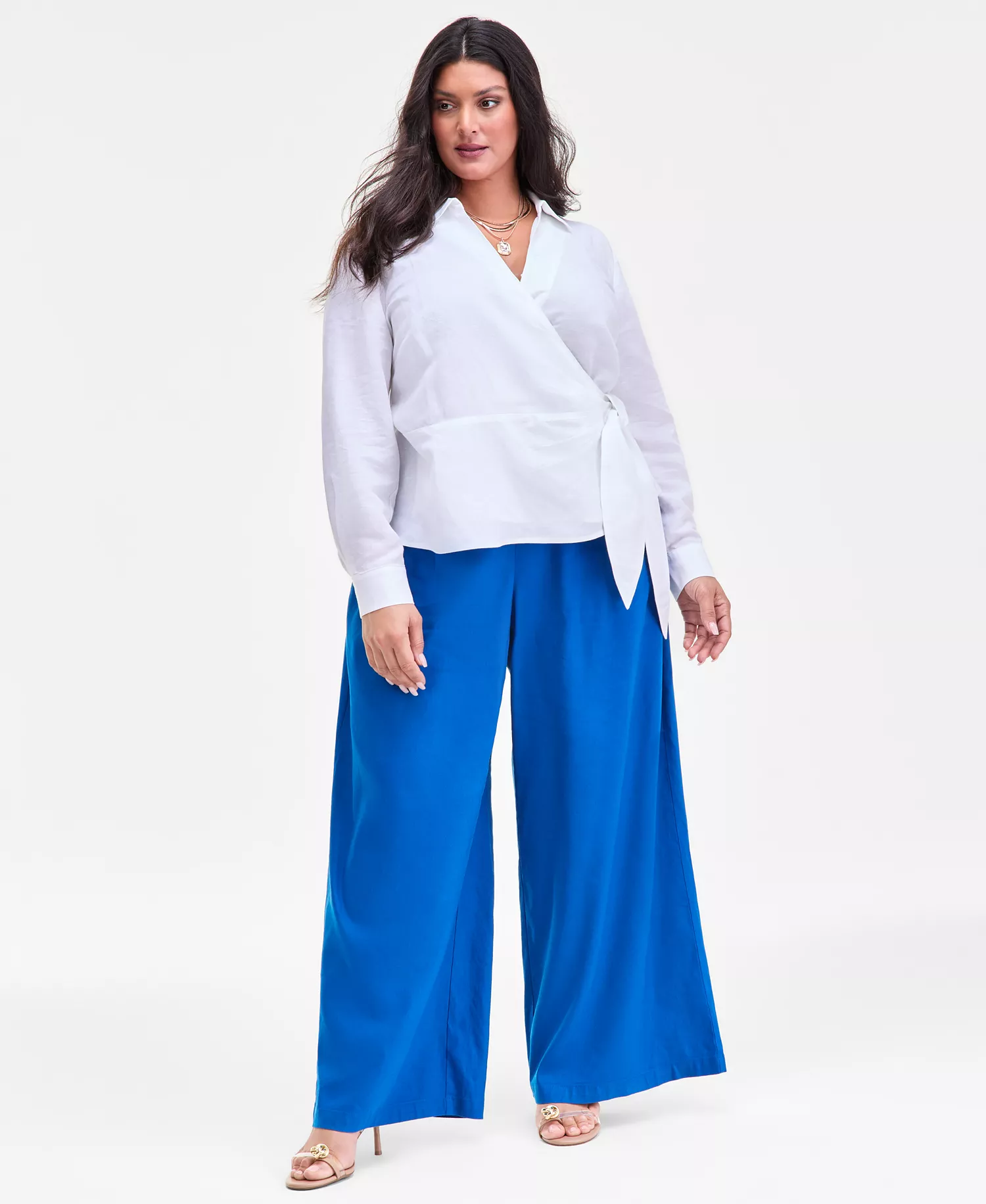 Plus Size Linen-Blend Tied Surplice Top, Exclusively at Macy's - Bright White - 0X
