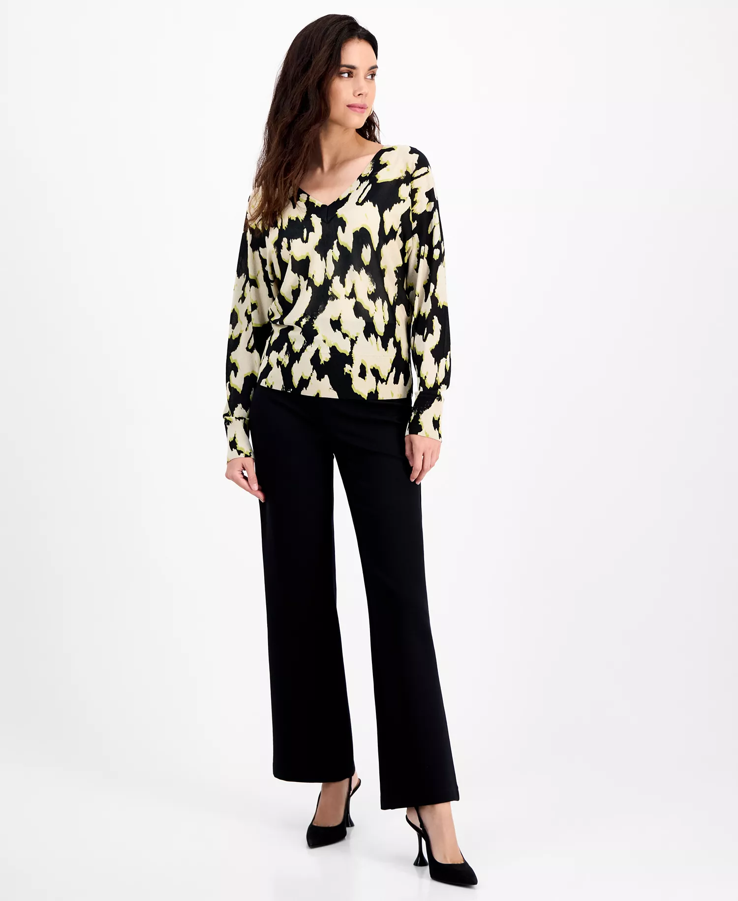 Petite Printed Double-V-Neck Long-Sleeve Sweater, Macy's Exclusive - Tacey Garden - P/S