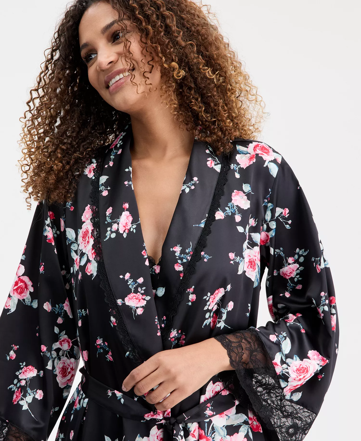 Women's Printed Lace Trim Shawl Collar Robe, Created for Macy's - Sofia Garden - 2XL