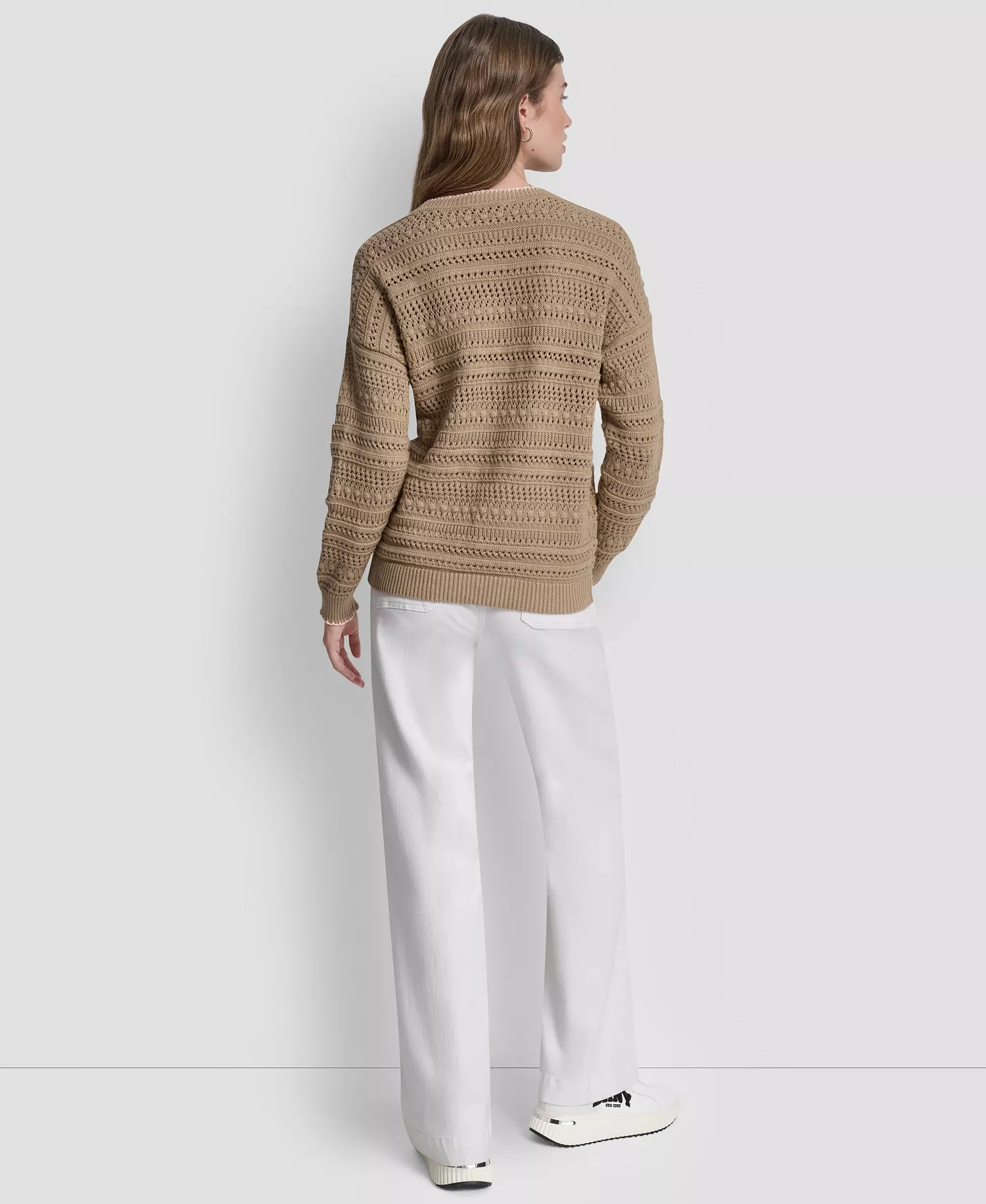 Women's Crew Neck Long-Sleeve Tipped Pointelle Sweater - Travertine/peach Spritz - L