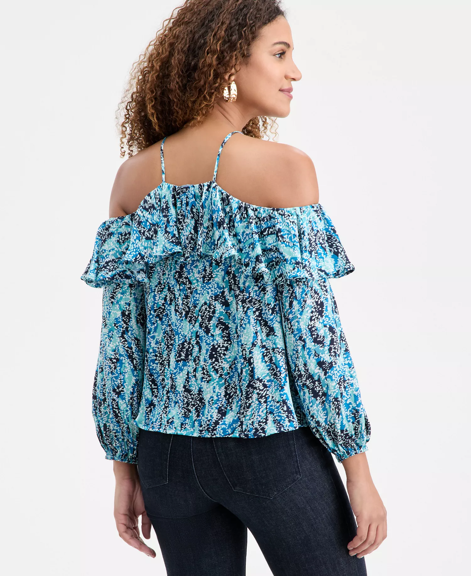 Women's Printed Cold-Shoulder Top, Macy's Exclusive - Claire Teal Print - L