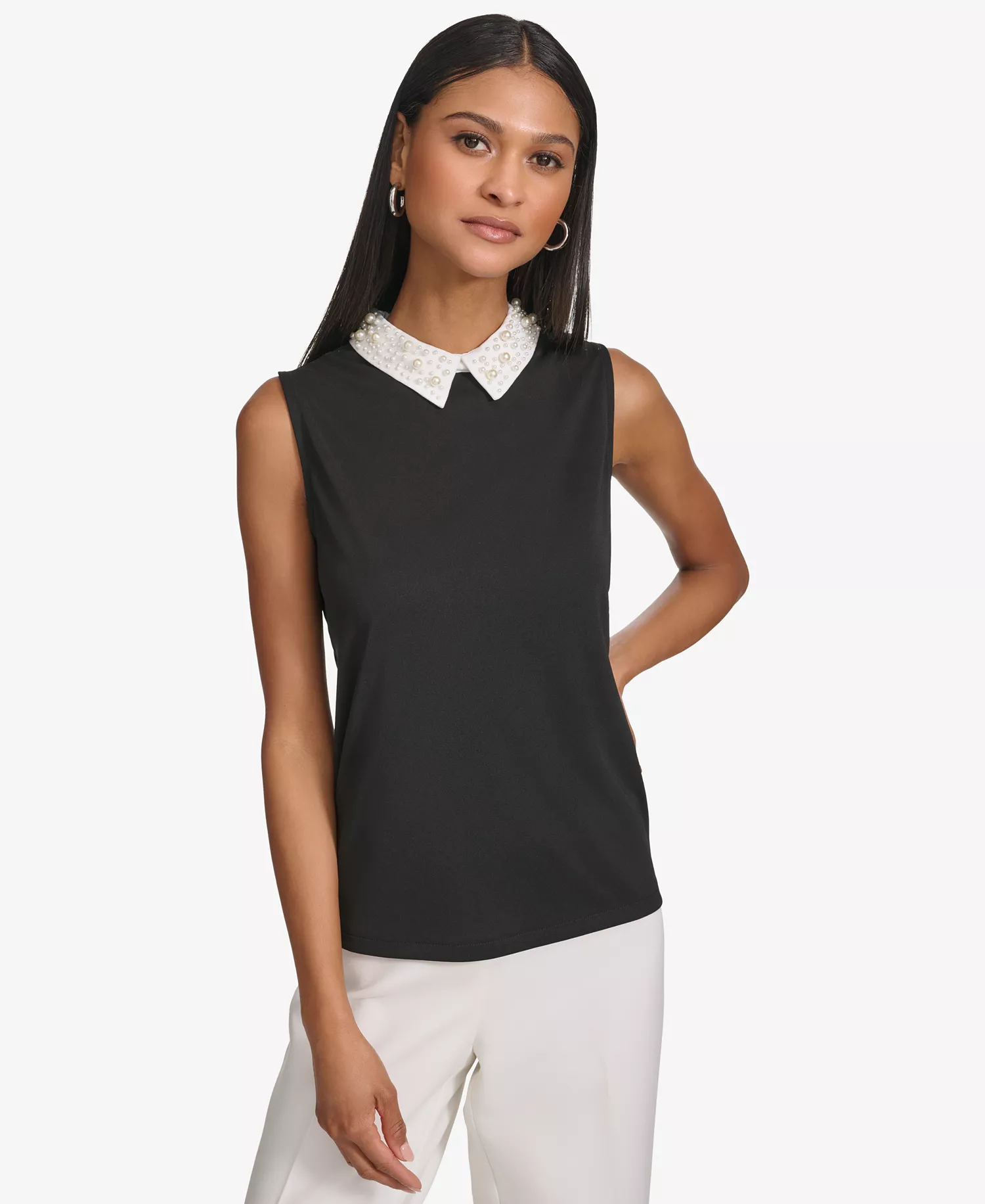 Women's Embellished Collar Sleeveless Blouse - Blk/sft Wt - L
