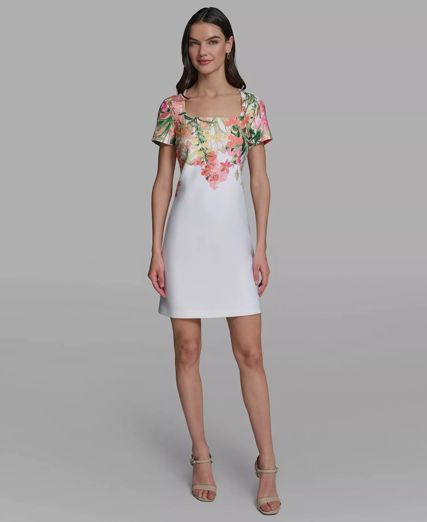 Women's Floral Border Square Neck Dress - Soft White Multi - 0