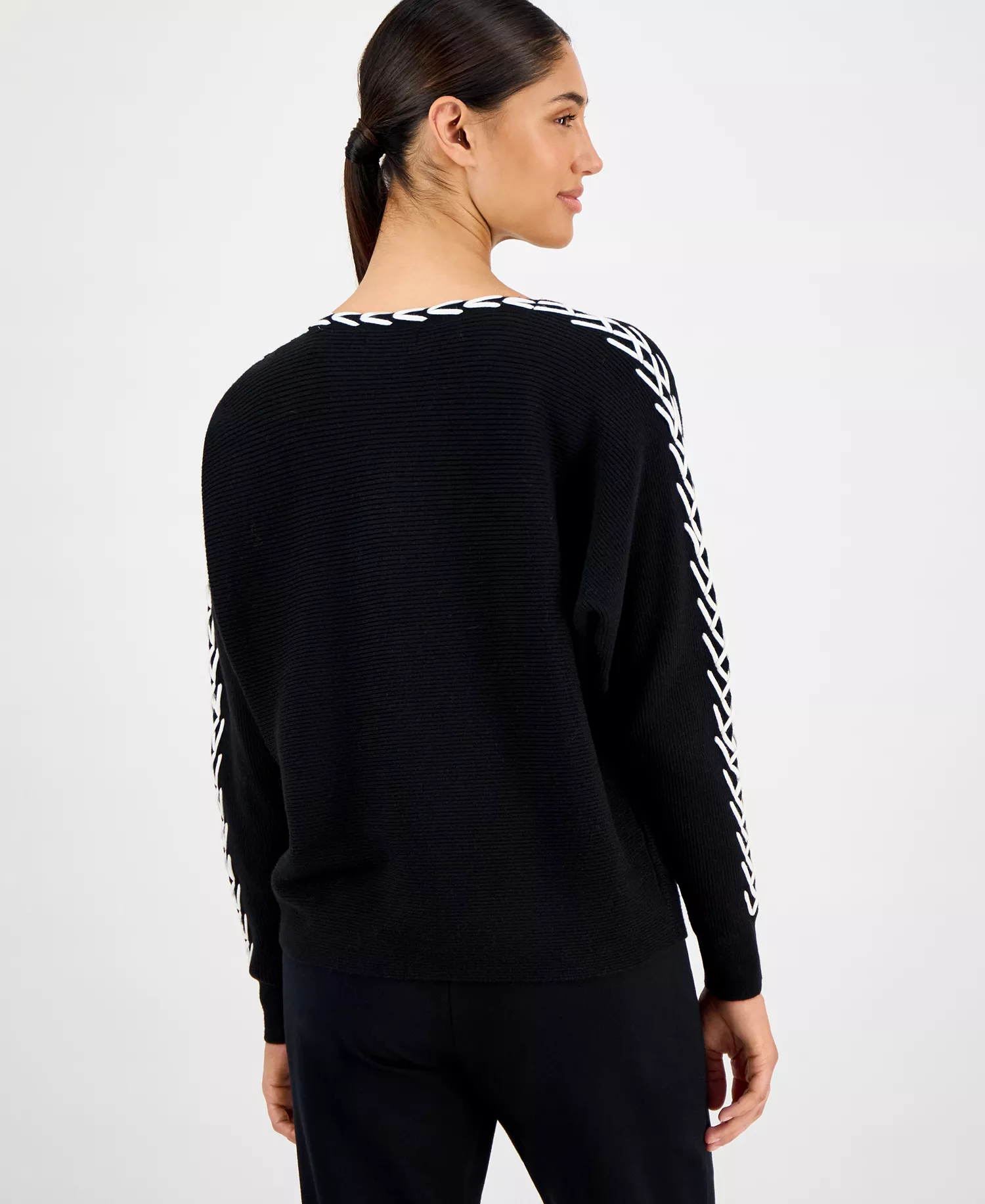 Women's Ribbed Dolman-Sleeve Sweater - Black/white - L