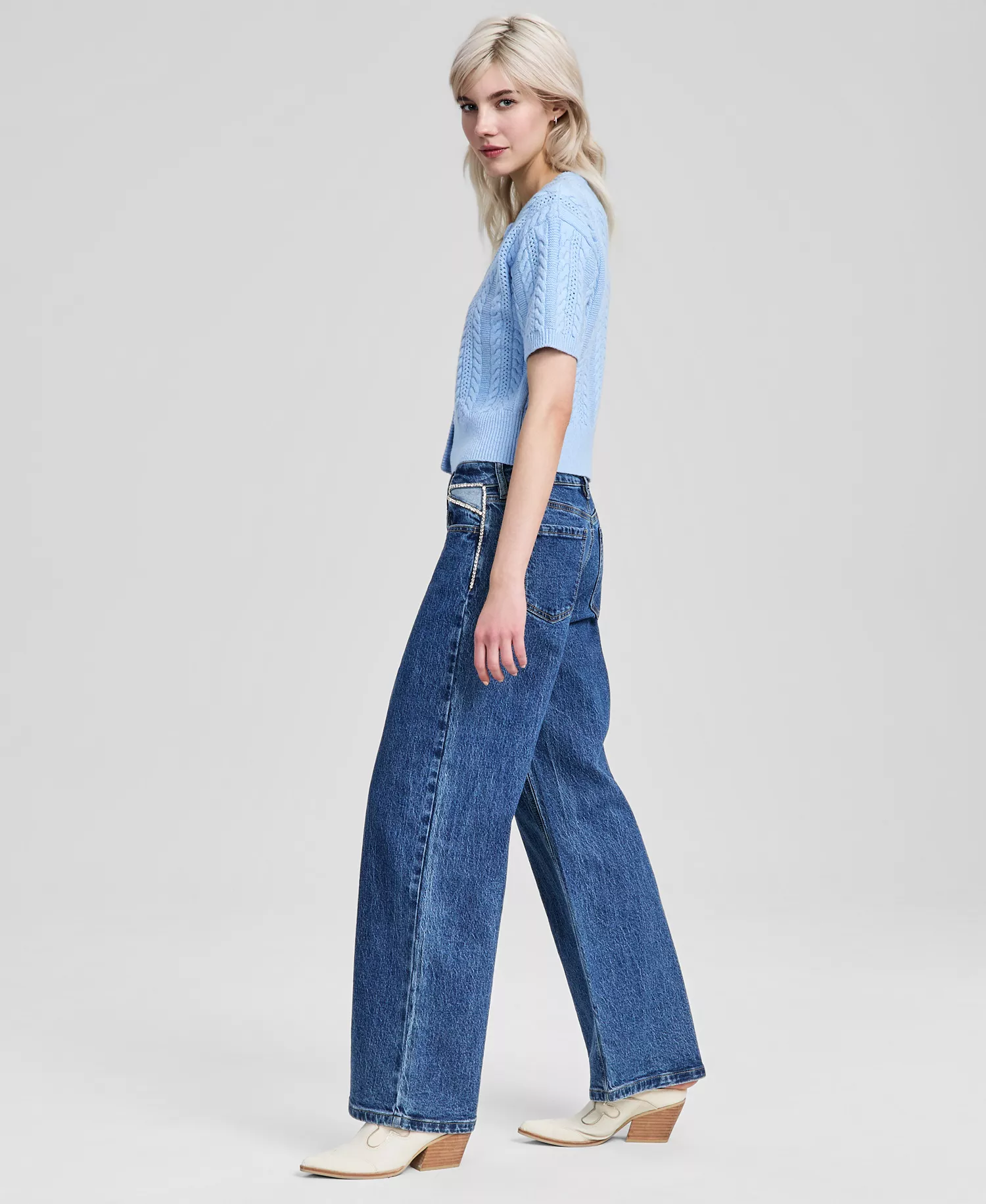 Women's Rhinestone Embellished Wide Leg Jeans, Macy's Exclusive - Medium Wash - 0