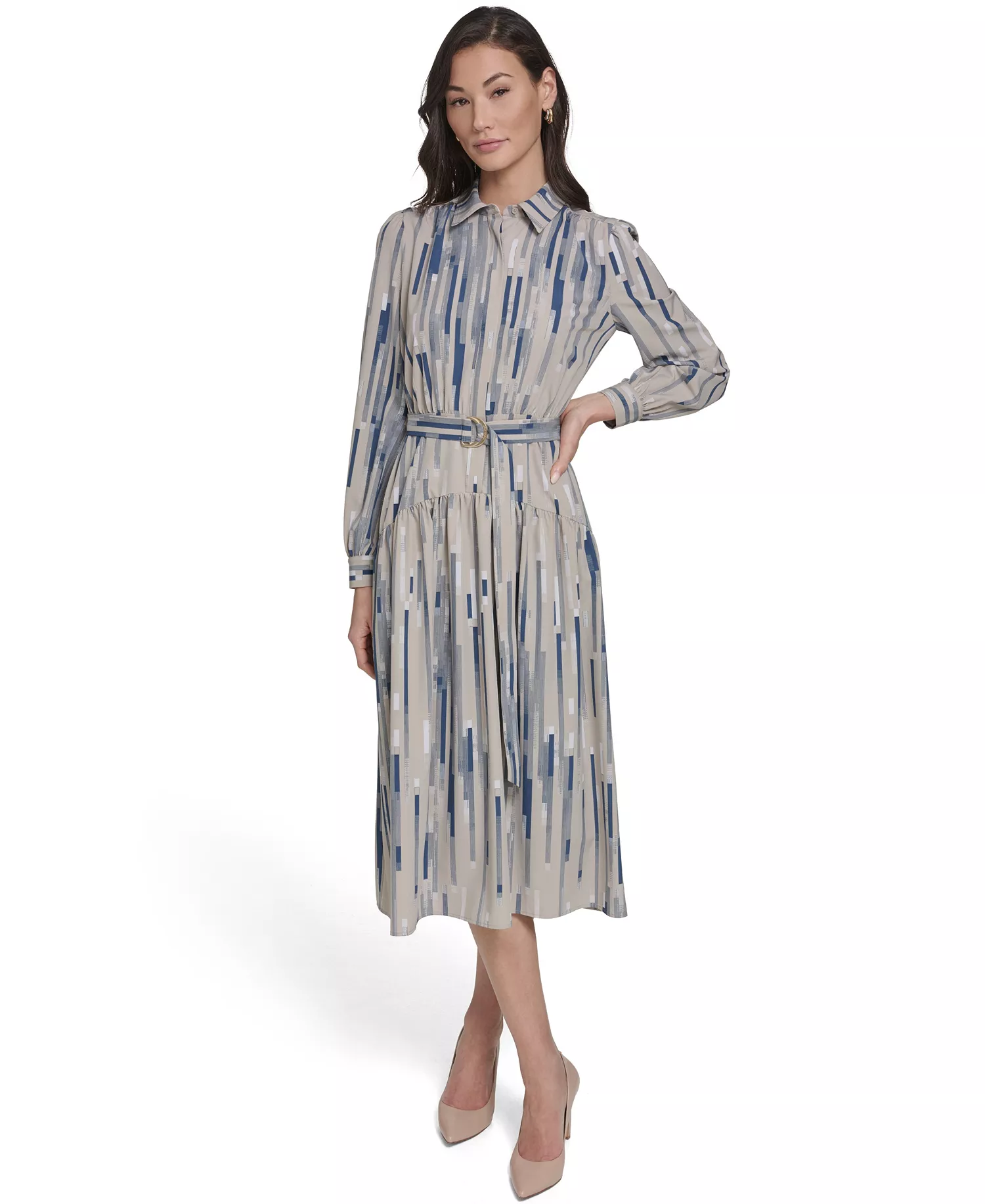 Women's Balloon-Sleeve Printed Dress - Khaki Multi - 10