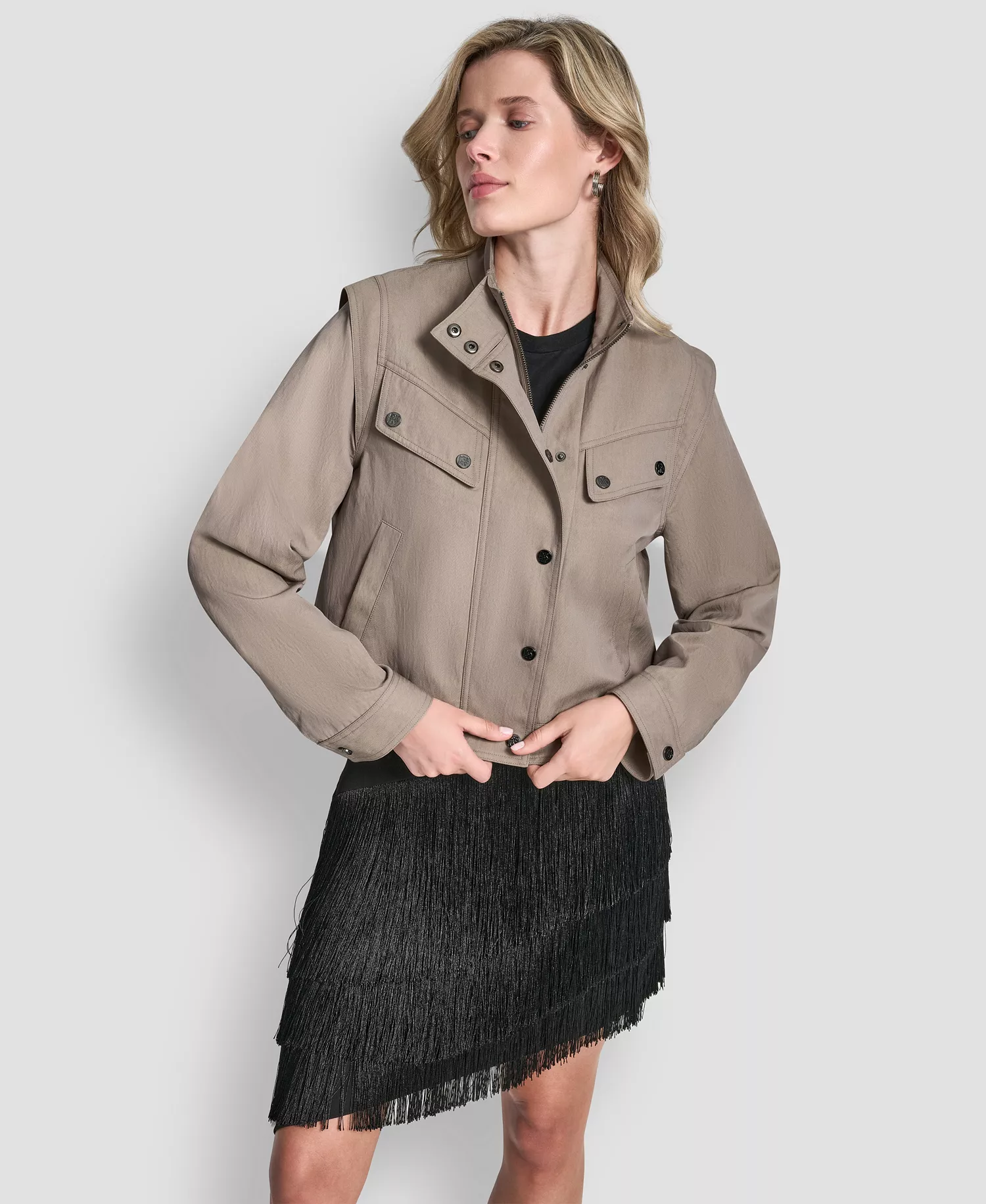 Women's Collared Cropped Moto Trench Coat - Tan - M/L