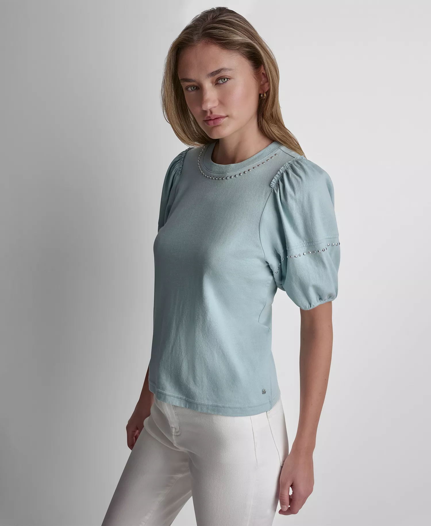 Petite Dome Studs Mini Ruffle Puff-Sleeve Crewneck T-Shirt - Mineral - PL