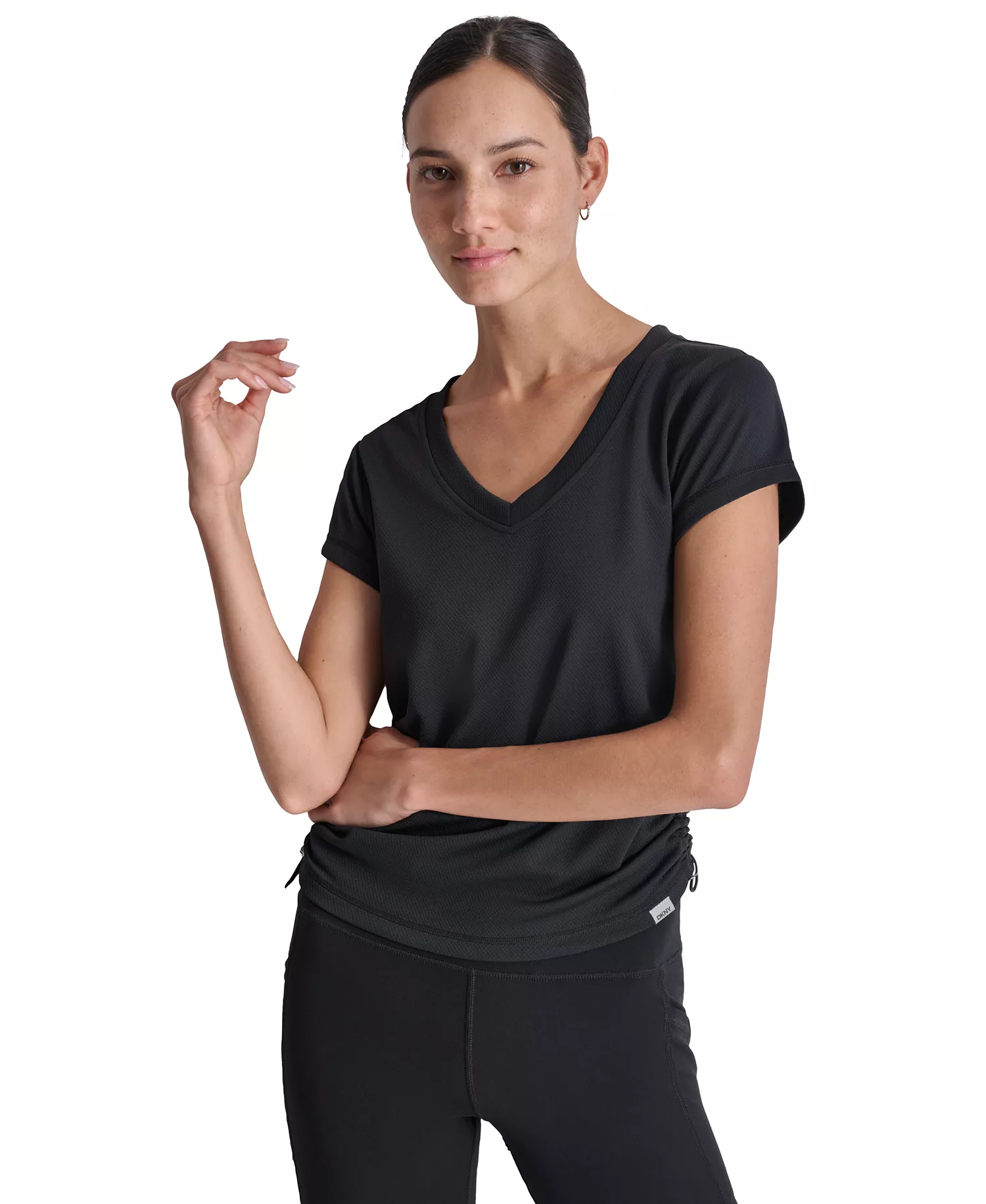 Women's Ruched Side Seams V-Neck Tech T-Shirt - Black - L