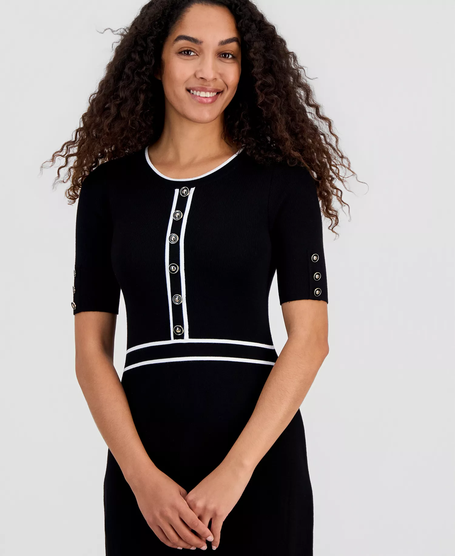 Women's Contrast-Trim Fit & Flare Sweater Dress - Black / White Star - M