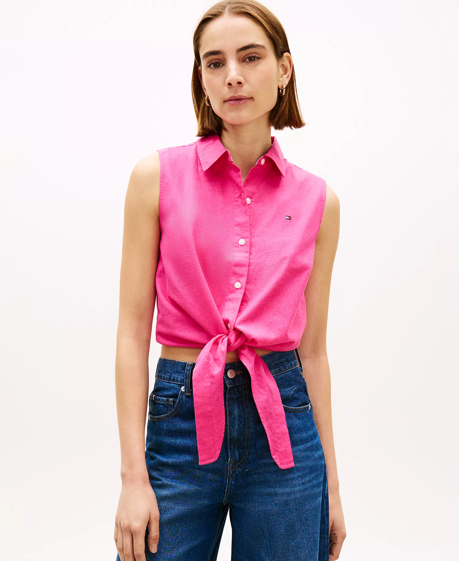 Women's Linen Knotted Collared Top - Pink - L
