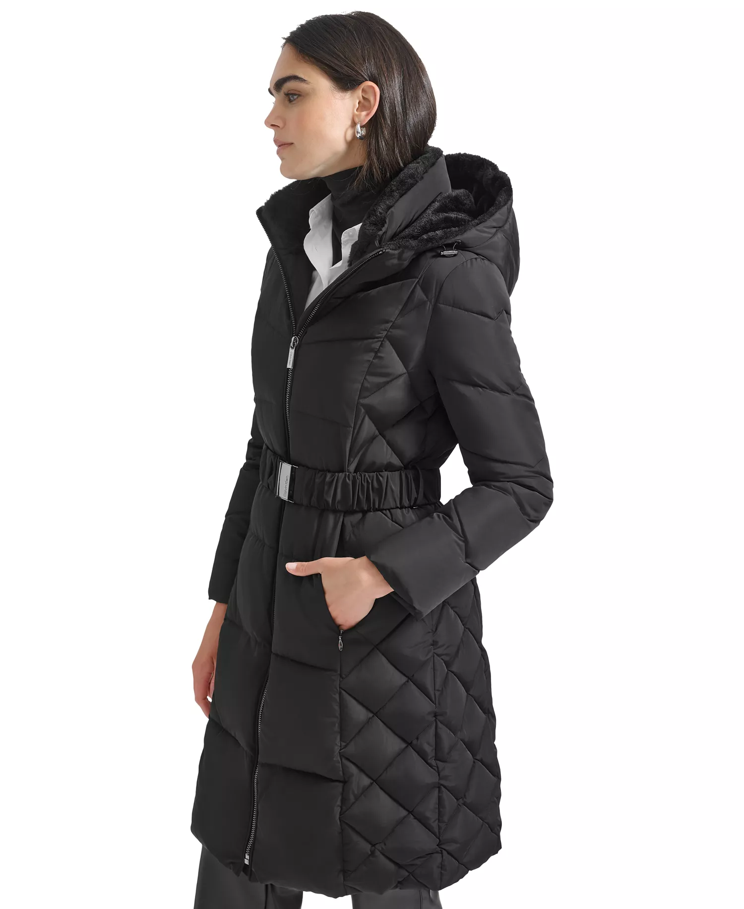 Women's Diamond Quilted Side Belted Hooded Puffer Coat - Black - XL