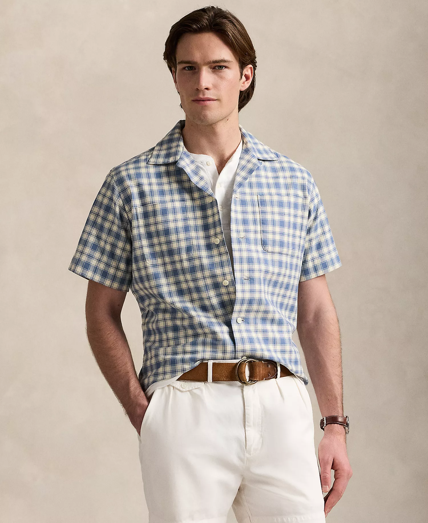 Men's Classic-Fit Plaid Oxford Camp Workshirt - Blue/cream - XS