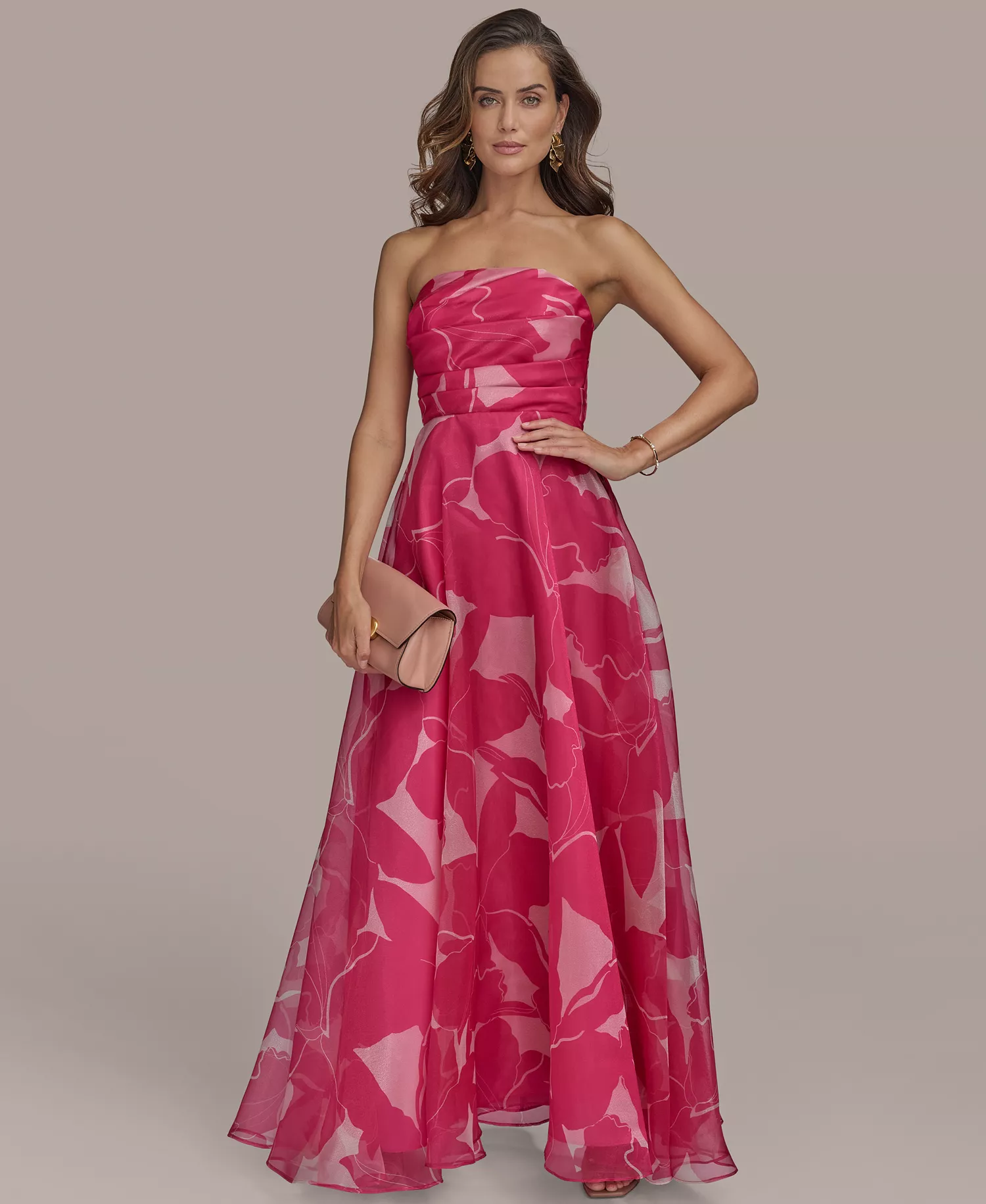 Women's Printed Strapless Ball Gown - Hot Fuchsia/Ivory - 10