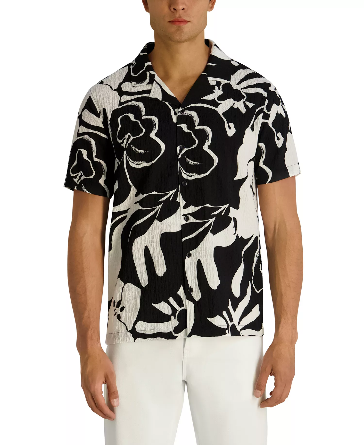 Men's Seersucker Floral Camp Collar Textured Shirt - Black/White - 2XL