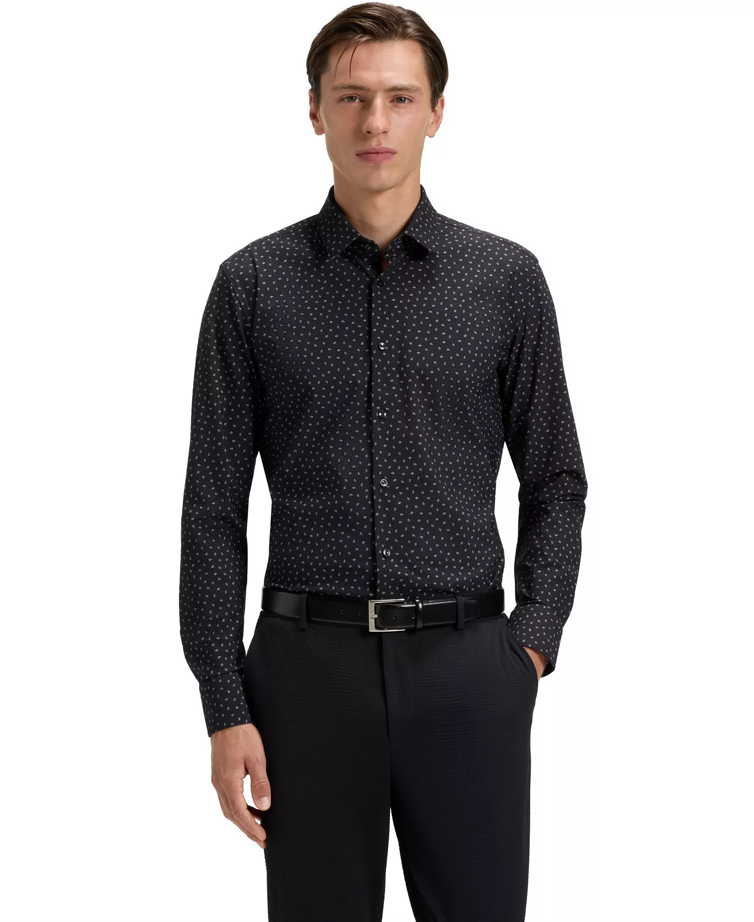 Men's Slim-Fit Performance-Stretch Dress Shirt - Black - 15