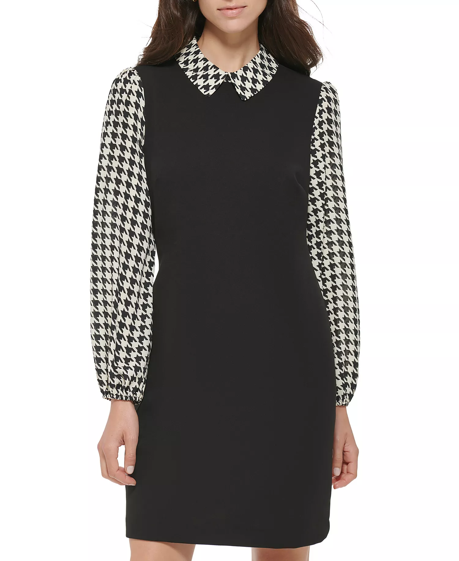 Women's Collared Long-Sleeve Shift Dress - Black, White - 6