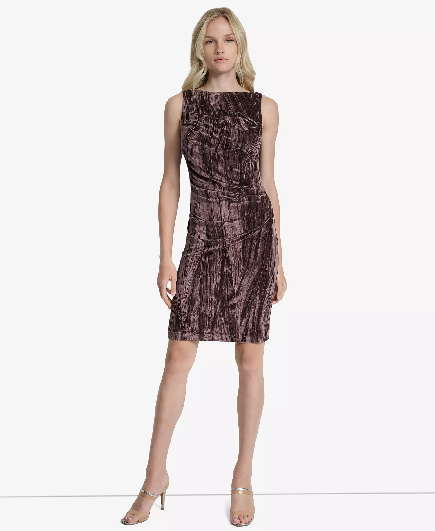 Women's Sleeveless Boat Neck Sheath Velvet Dress - Chocolate Plum - 10
