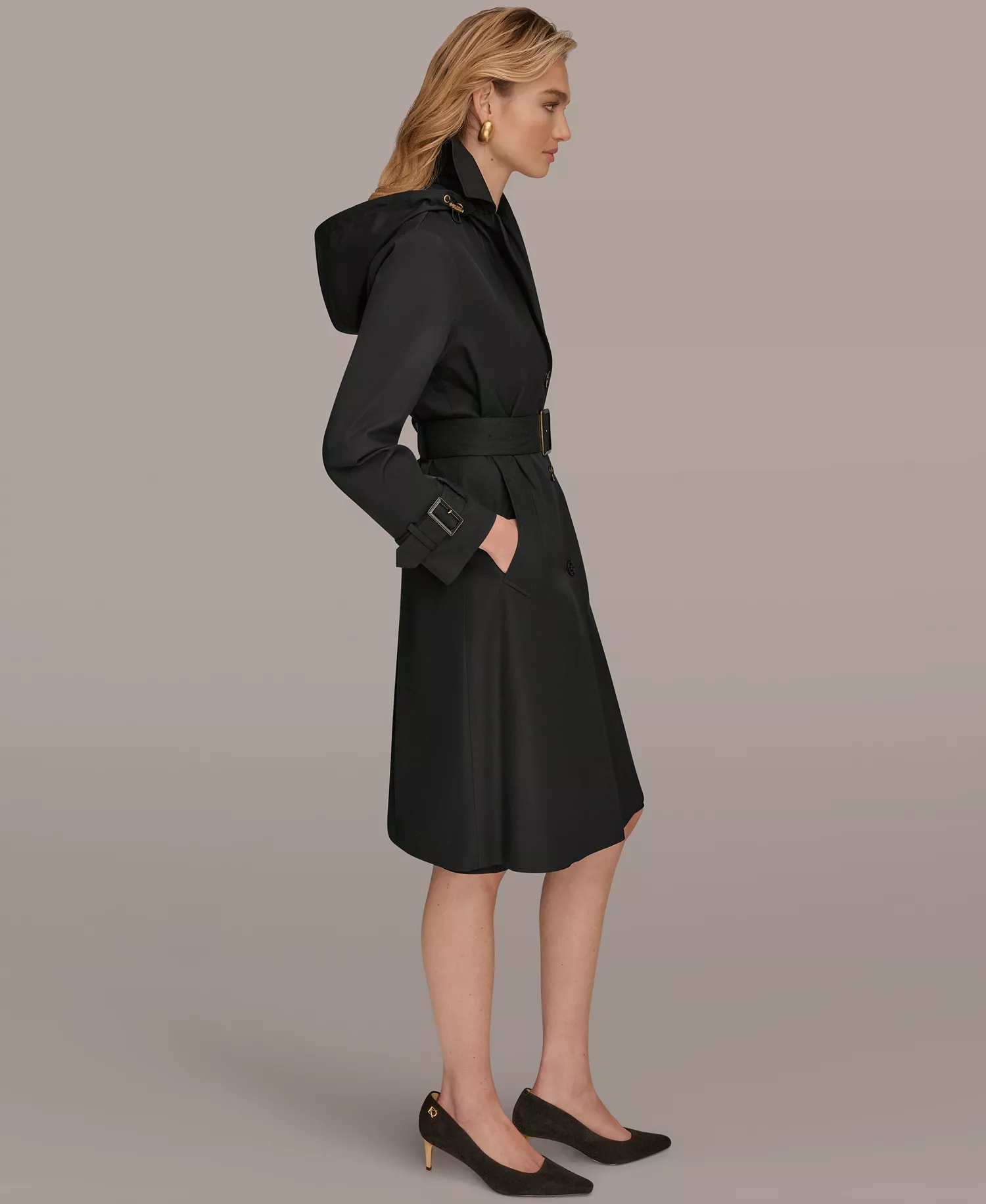 Women's Single Breasted Belted Trench Coat - Black - L