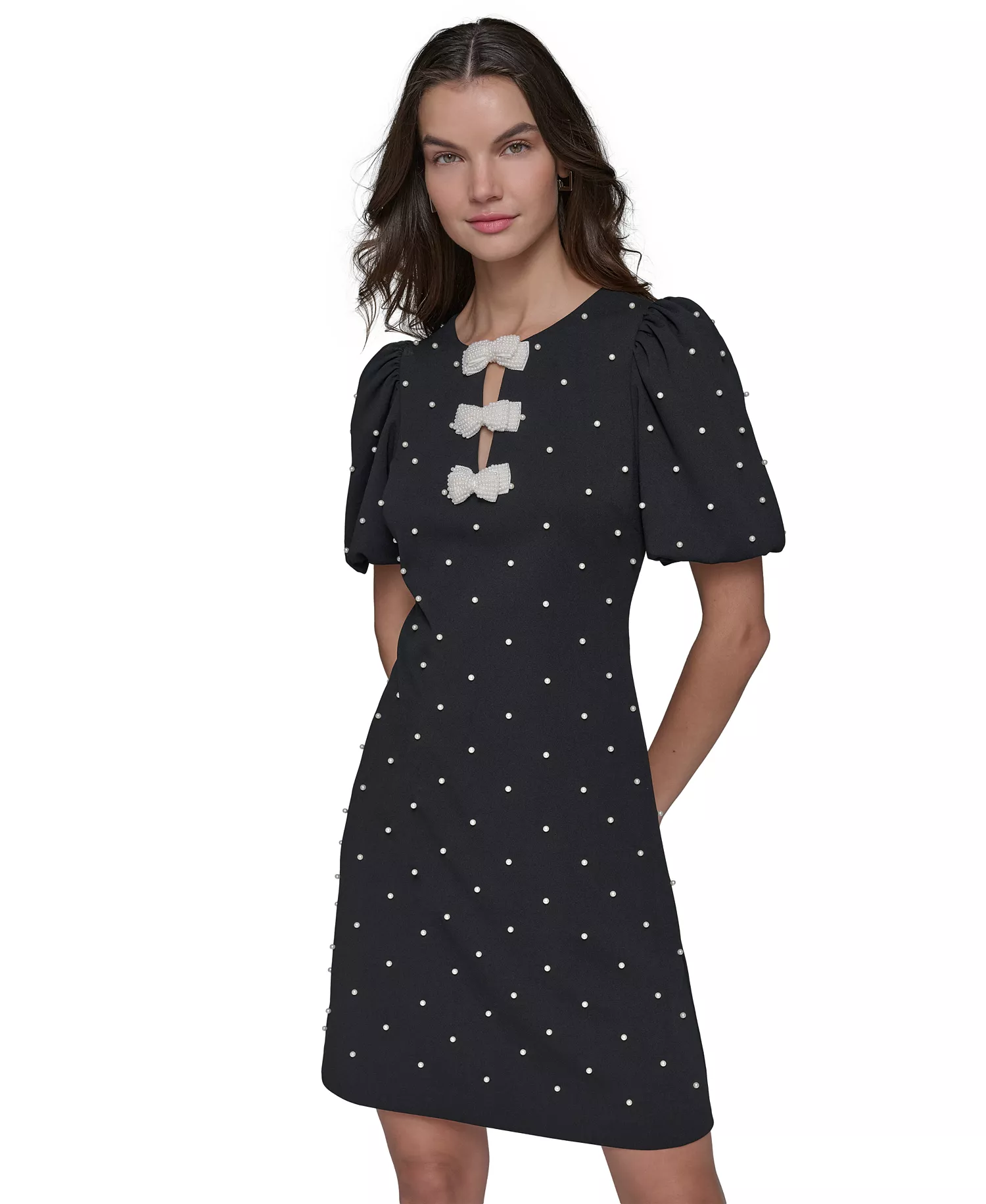 Women's Scuba Crepe Sheath with Neckline Pearl Bow Details Dress - Black - 10