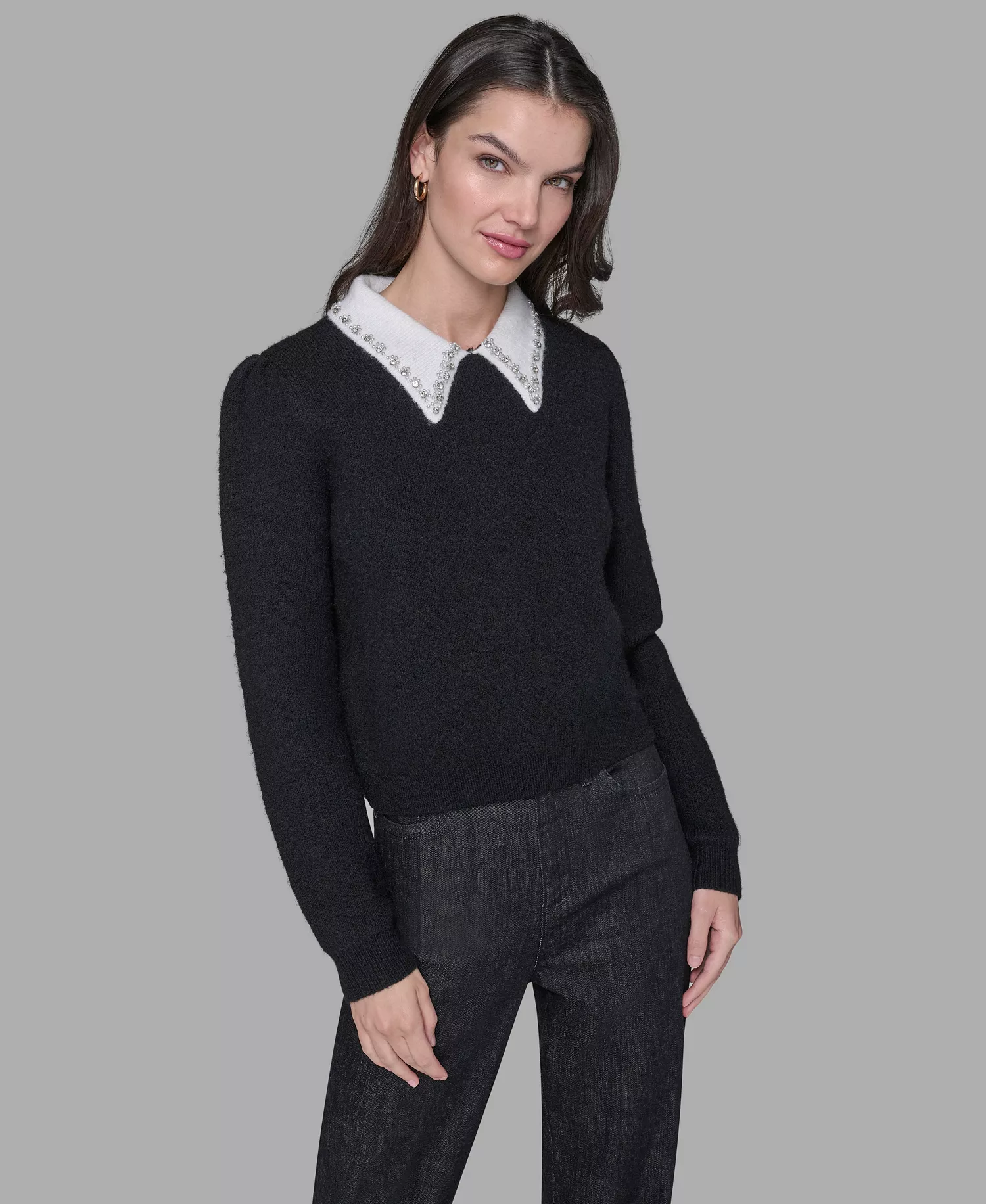 Women's Contrast Collar Sweater - Black/soft White - L