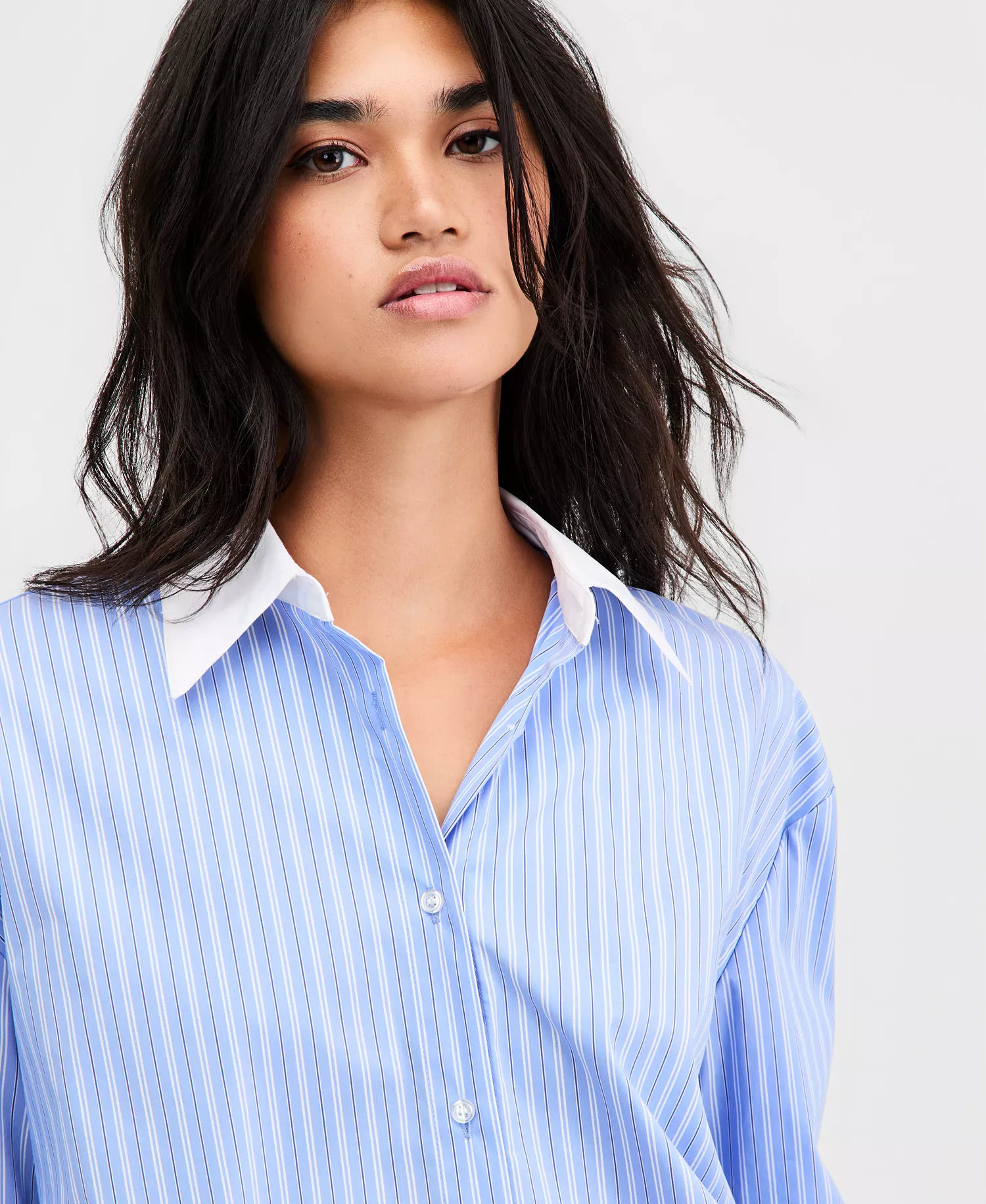 Women's Contrast-Collar Striped Shirt, Macy's Exclusive - Blue Stripe - L