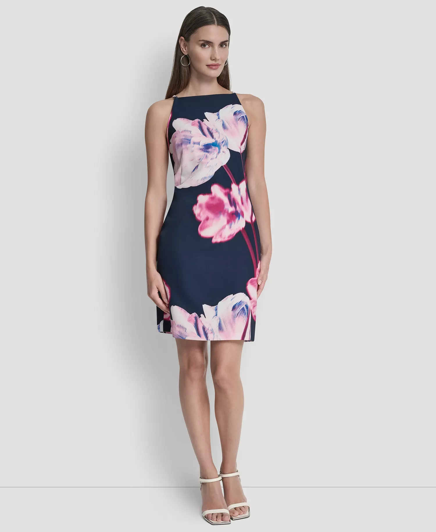 Women's Sleeveless Square Neck Sheath Dress - Indigo/Hot Pink - 10