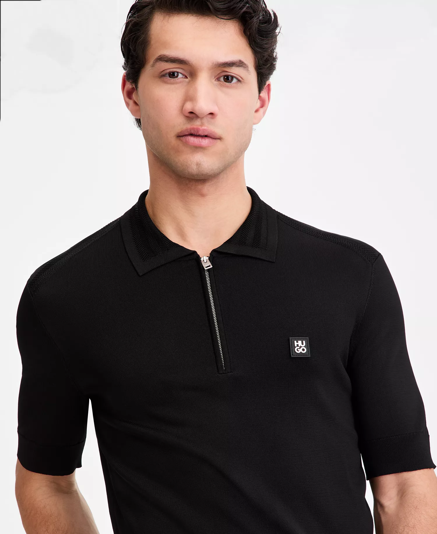 Men's Jacquard-Accent Half-Zip Polo Shirt - Black - 2XL