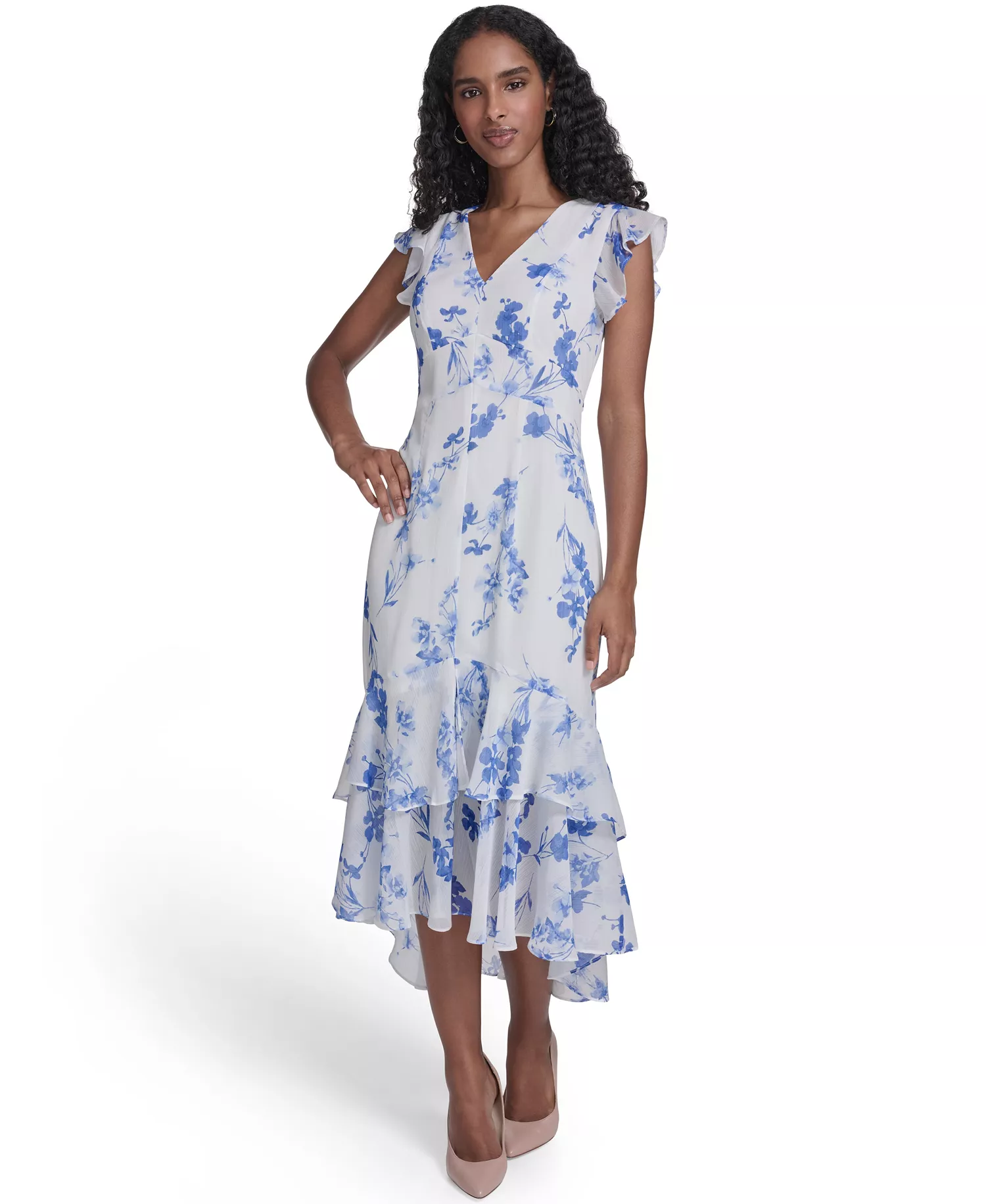 Women's Flutter-Sleeve V-Neck Midi Dress - Ivory/french blue - 10